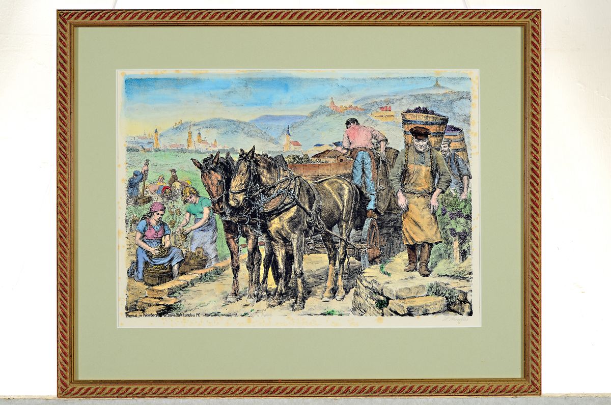 Detail k: Heinrich Strieffler, 1872 Neustadt-1949 Landau, 2 aquarellierte Lithographien: Pfälzer Trachtenwagen, handsign., ca. 25x 37cm, u.Gl., R. ca. ...