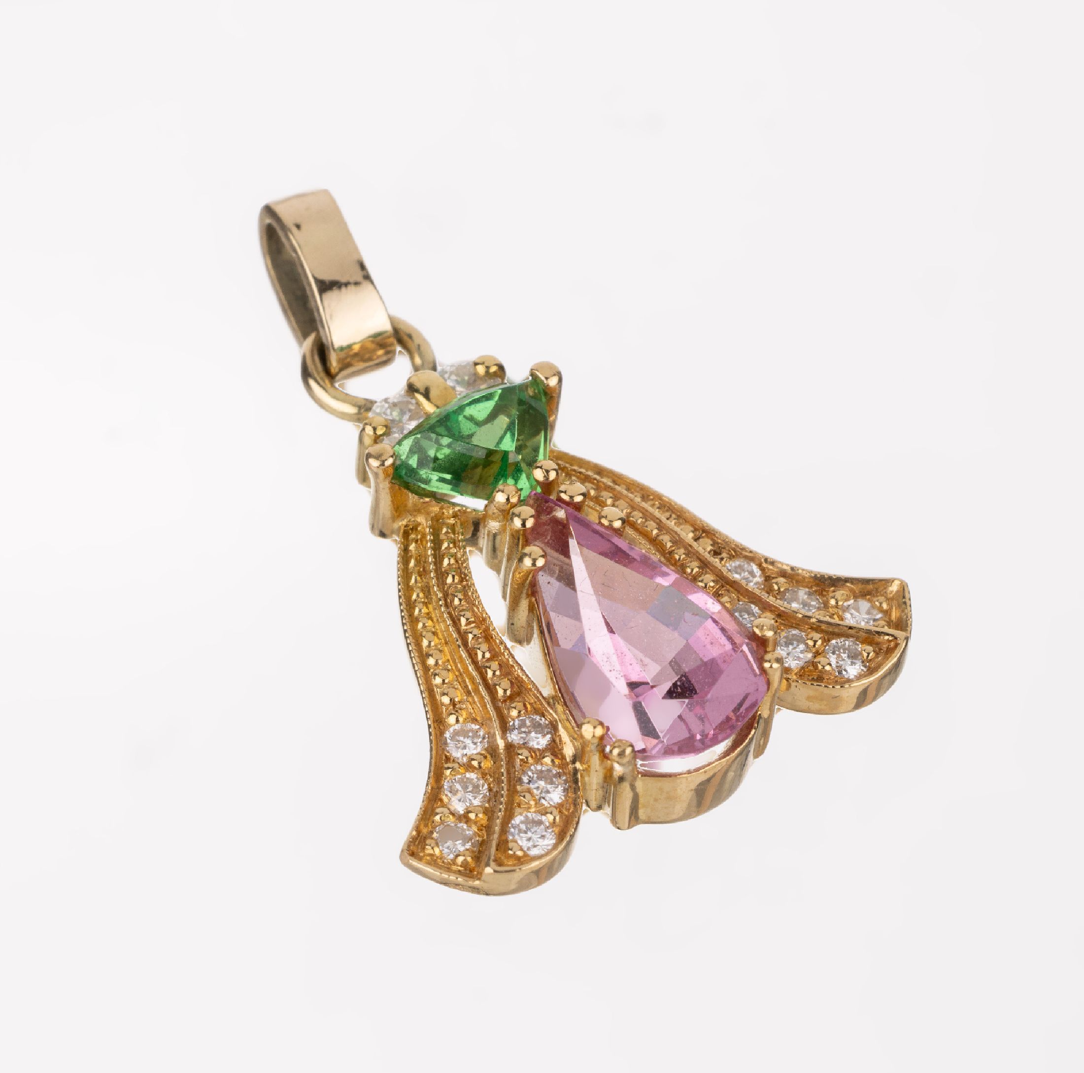 18 kt Gold Farbstein-Brillant-Anhänger, GG 750/000, 14 Brillanten zus. ca. 0.21 ct Weiß/si, 1 Tsavorith-Triangel ca. 0.60 ct, 1 rosafarb. ...