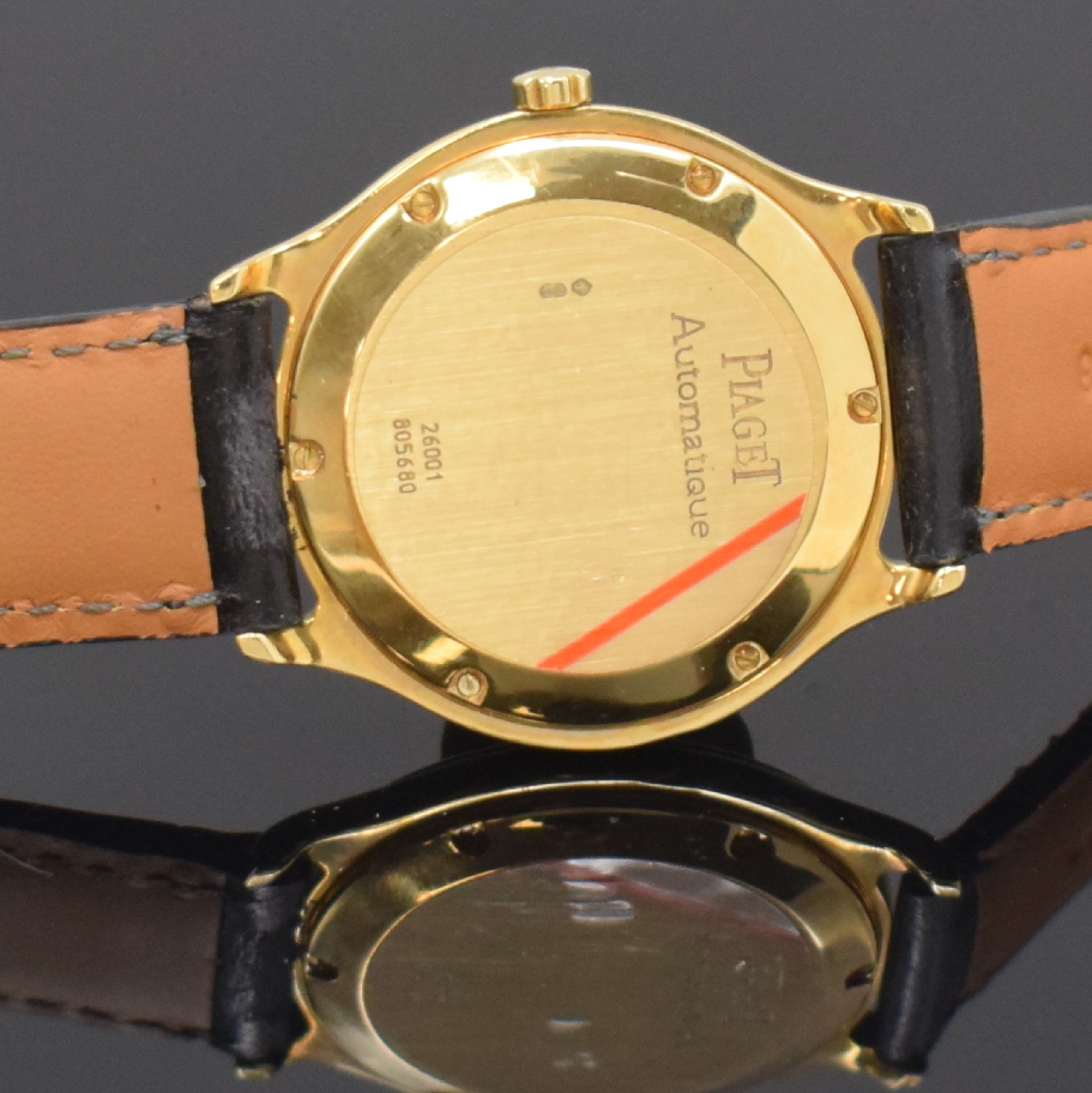 Detail e: PIAGET Citea Armbanduhr in GG 750/000 Referenz 26001, Schweiz um 2000, Automatik, Boden 6-fach verschr., schwarzes Zifferbl. m. gold. Std.-Ind. u. ...