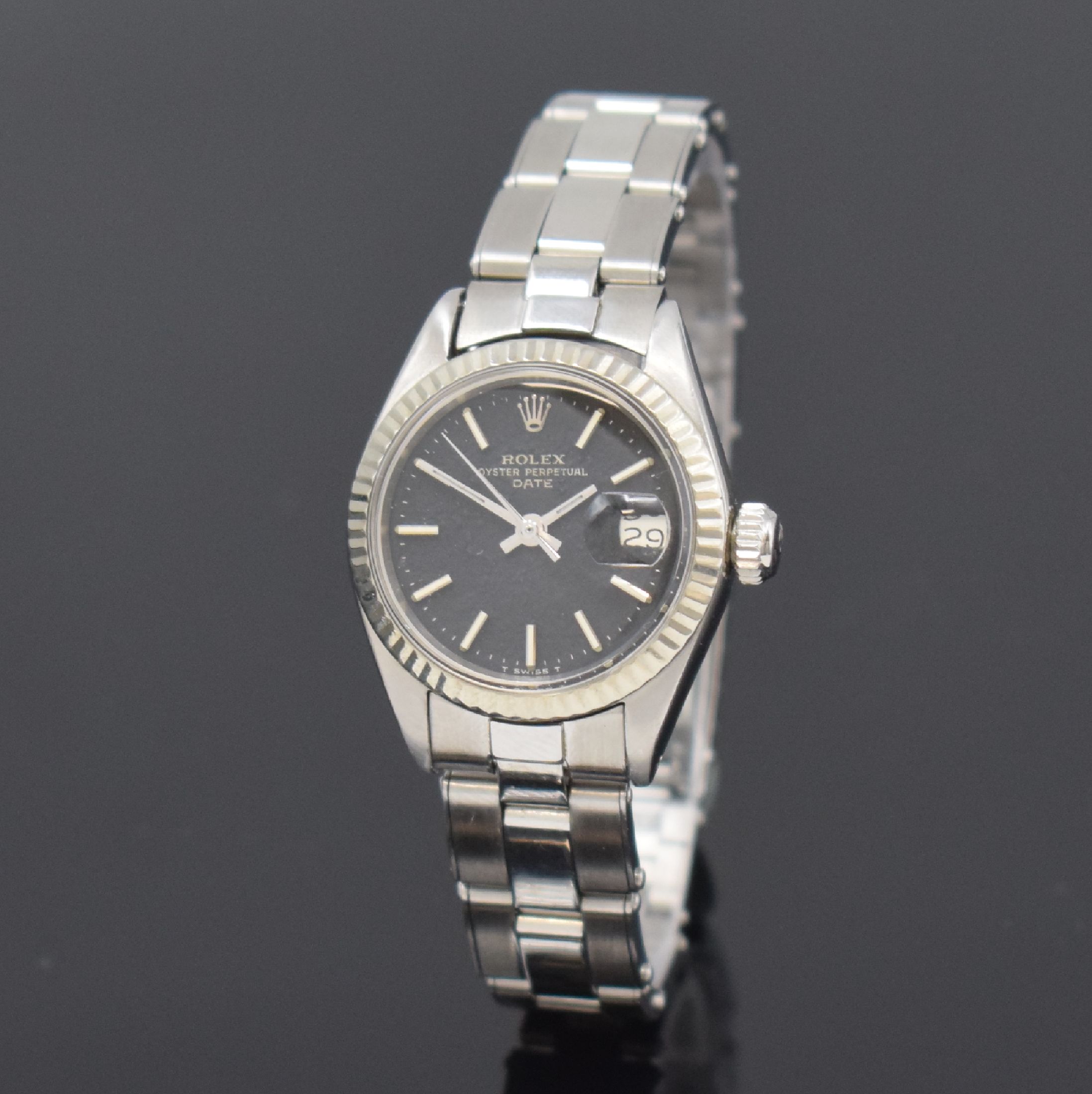 ROLEX Damenarmbanduhr Oyster Perpetual Date Referenz 6917 in Stahl, Schweiz um 1970, Automatik, Edelstahl inkl. Oysterband mit Faltschl., Boden und ...