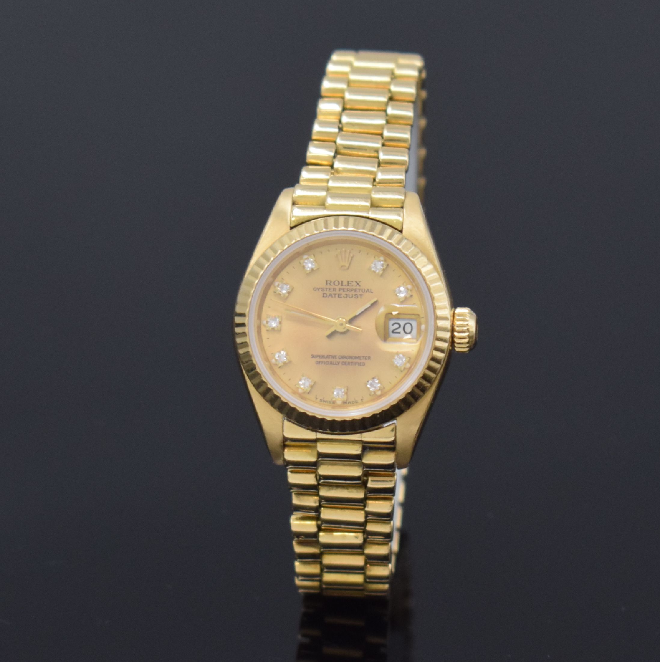 ROLEX Damenarmbanduhr Oyster Perpetual Datejust Referenz 69178, Schweiz um 1986, Chronometer der Superlative in GG 750/000 inkl. Präsidentband m. ...