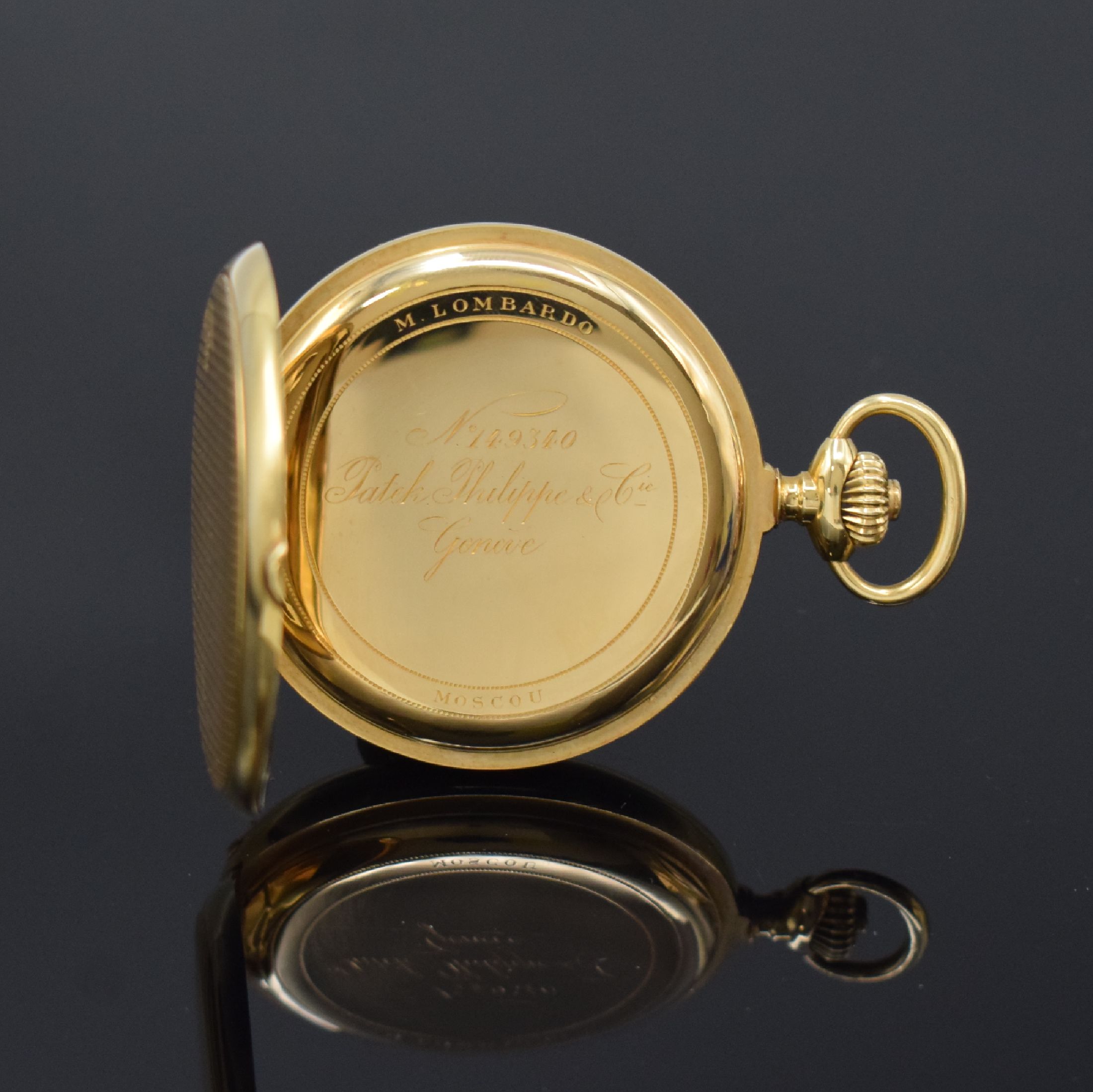 Detail f: PATEK PHILIPPE Savonette in GG 750/000, Schweiz für den russischen Markt um 1915, streifen-guill. 3-Deckel-Goldgeh., a-goutte Schlüsse, späteres ...