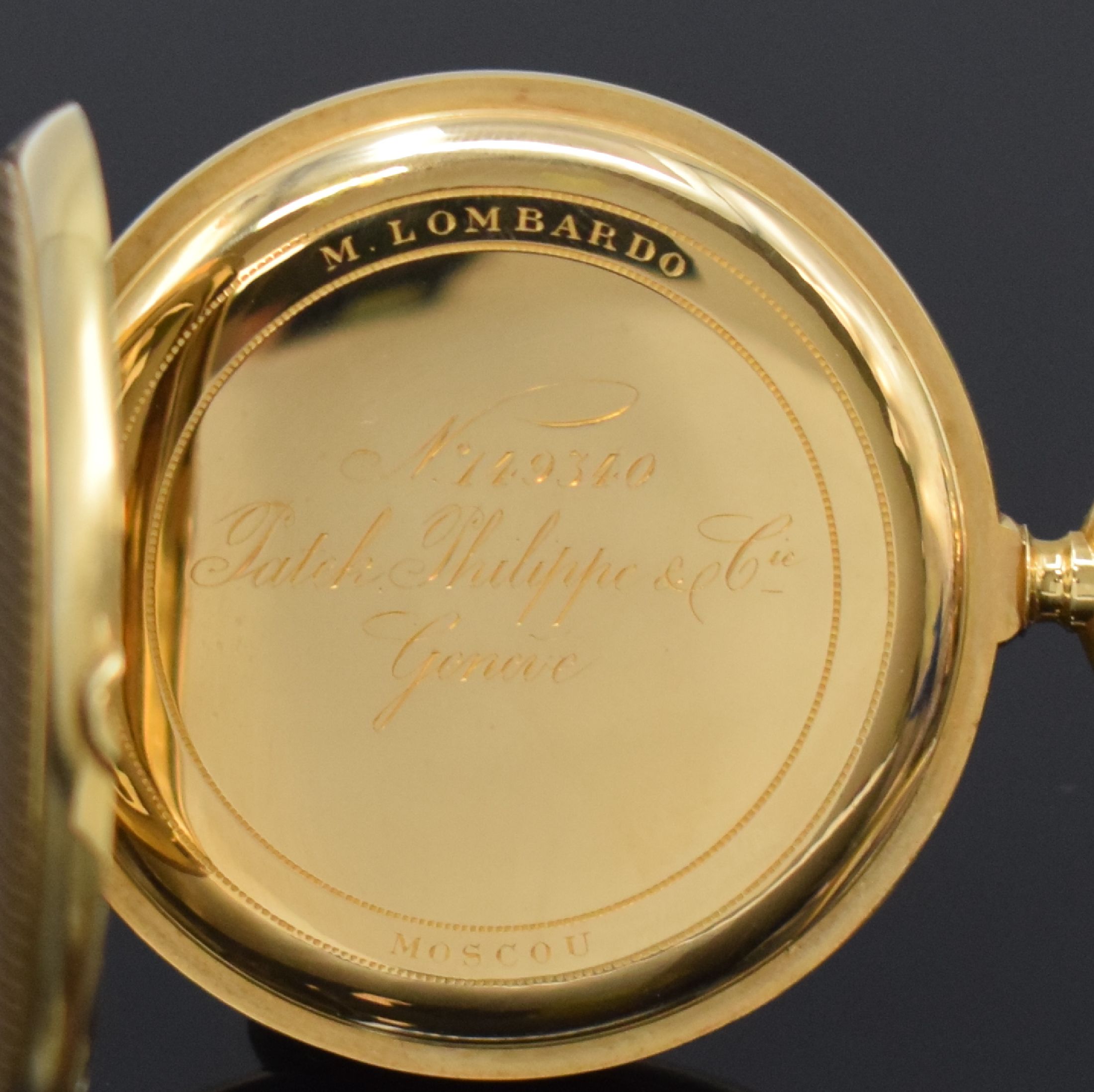 Detail g: PATEK PHILIPPE Savonette in GG 750/000, Schweiz für den russischen Markt um 1915, streifen-guill. 3-Deckel-Goldgeh., a-goutte Schlüsse, späteres ...