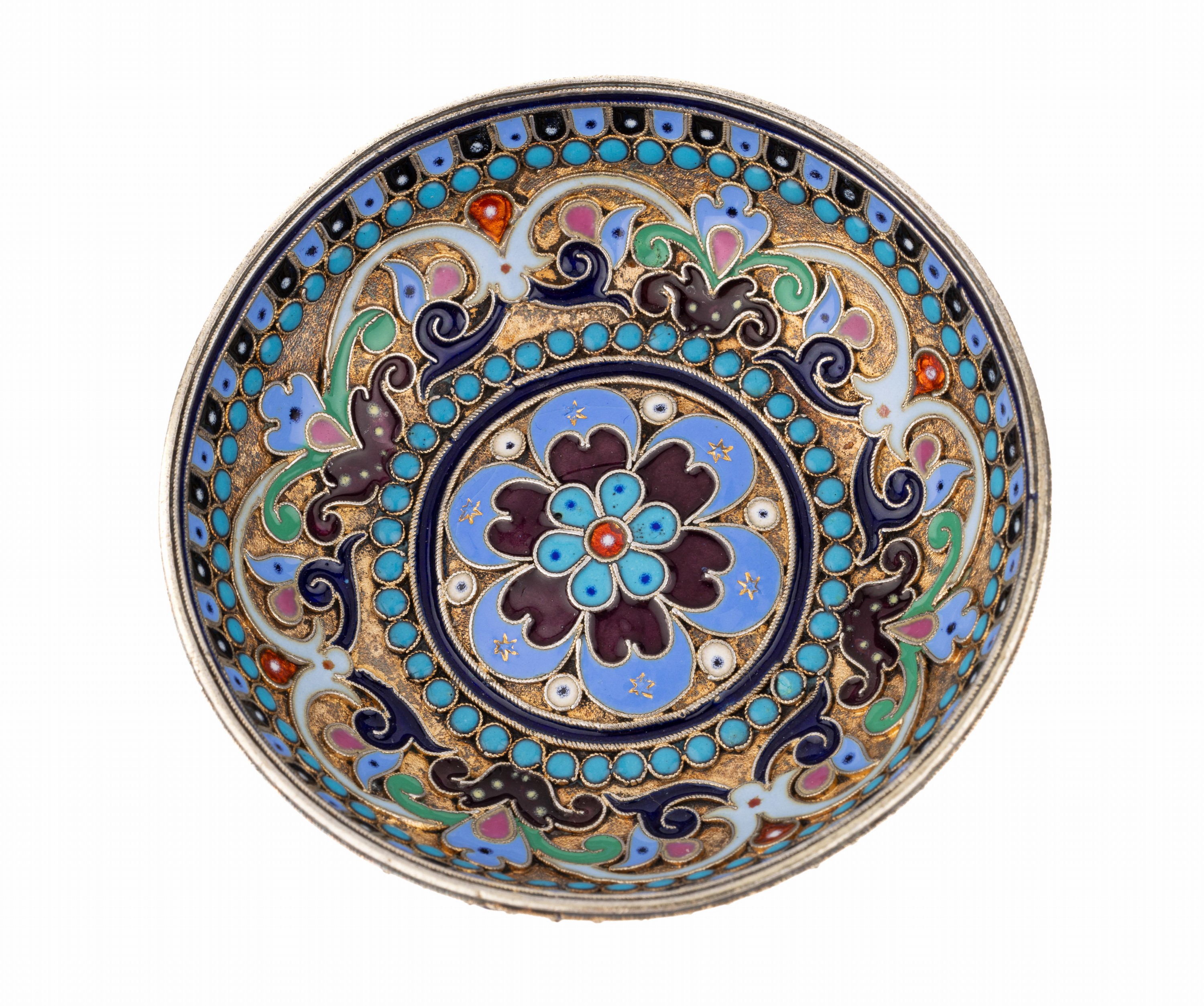 Detail a: FABERGE Schälchen mit Cloisonne-Email, 84erSilber, Russland 1886-1900, hochfeine Ausführung aus der weltberühmten Werkstatt, florale Gestaltung ...