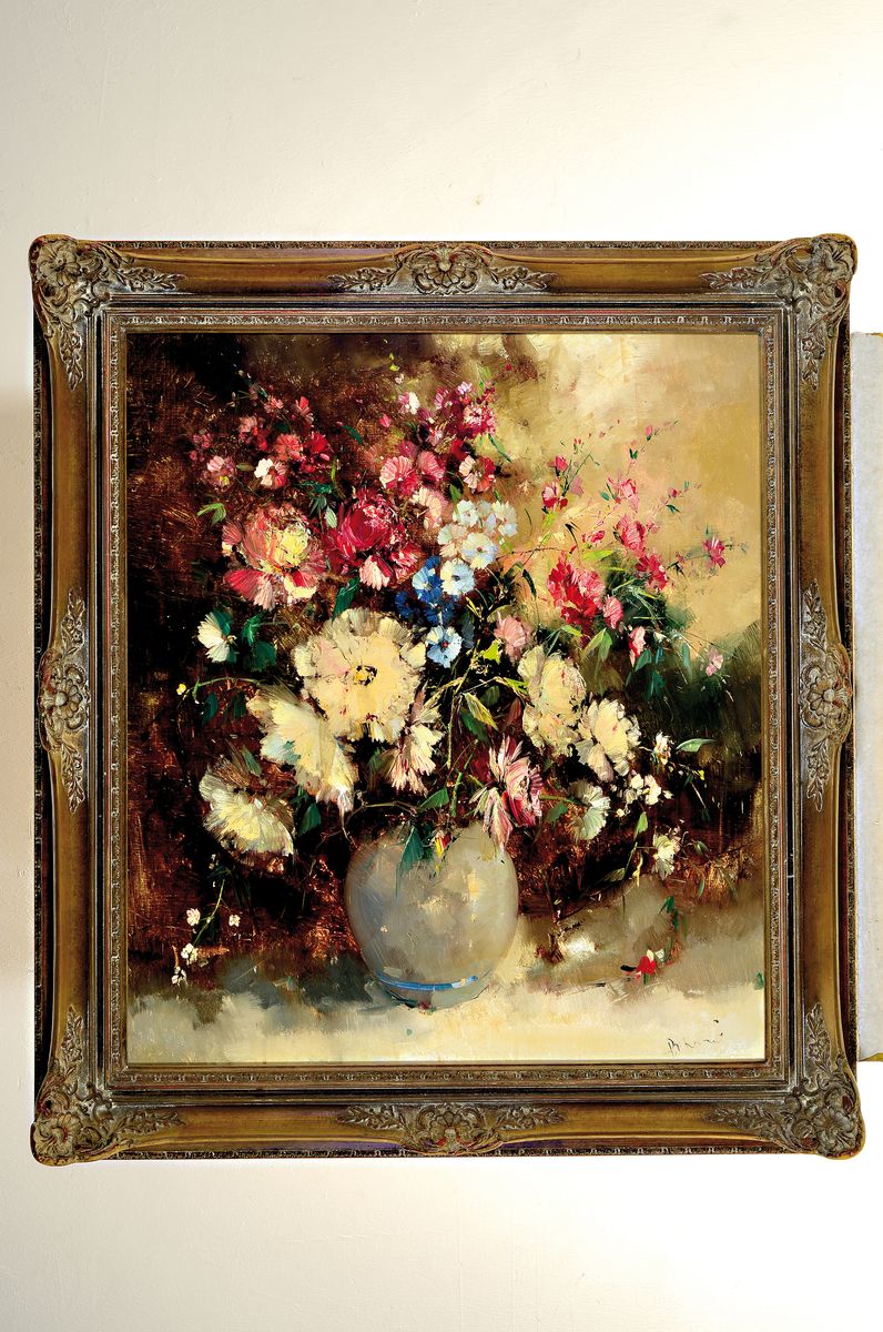 Detail k: Paul Morro, eigentl. Ingfried Paul Henze- Morro, 1925 Leipzig-2013, Studium an den Akademien Leipzig und München, hier: Üppiges Blumenstillleben, ...