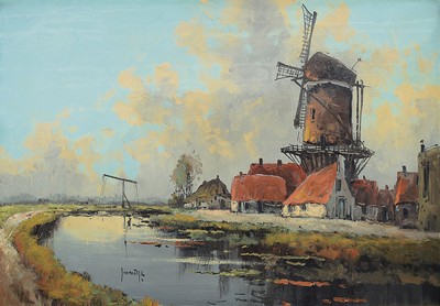 Image 26741808 - Jos van Dijk, 1913-2000, dutch landscape with canal and windmill, oil/canvas, left. u. sign., approx. 70x100cm, frame approx. 88x118cm