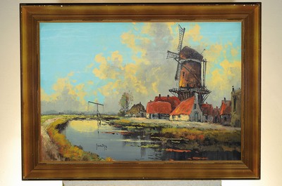26741808k - Jos van Dijk, 1913-2000, dutch landscape with canal and windmill, oil/canvas, left. u. sign., approx. 70x100cm, frame approx. 88x118cm