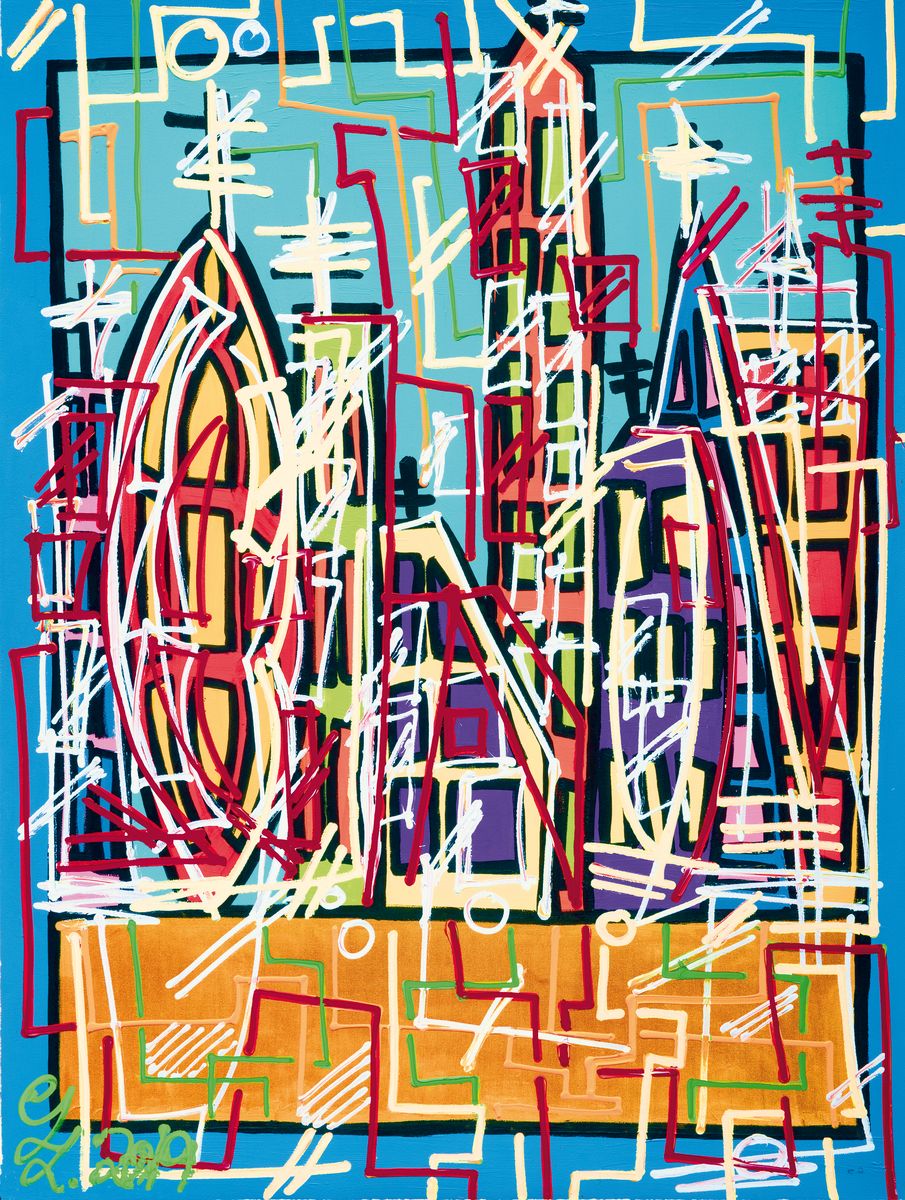 Leon Löwentraut, geb. 1998 Kaiserslautern, Serie Global Goals Unesco, mit Acryl übermalter Pigmentdruck, bez. e.a., monogr. und dat. 2017, ...