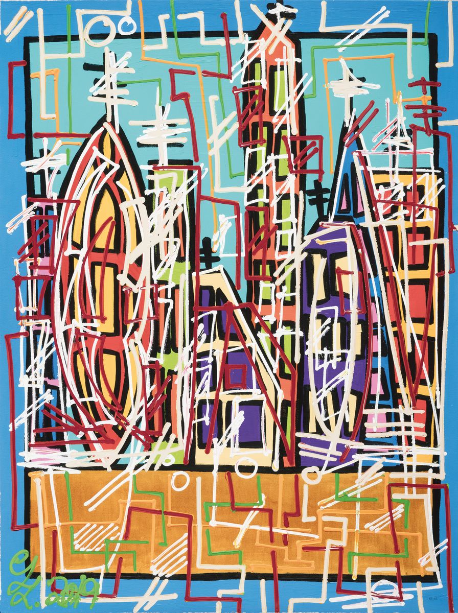 Detail k: Leon Löwentraut, geb. 1998 Kaiserslautern, Serie Global Goals Unesco, mit Acryl übermalter Pigmentdruck, bez. e.a., monogr. und dat. 2017, ...