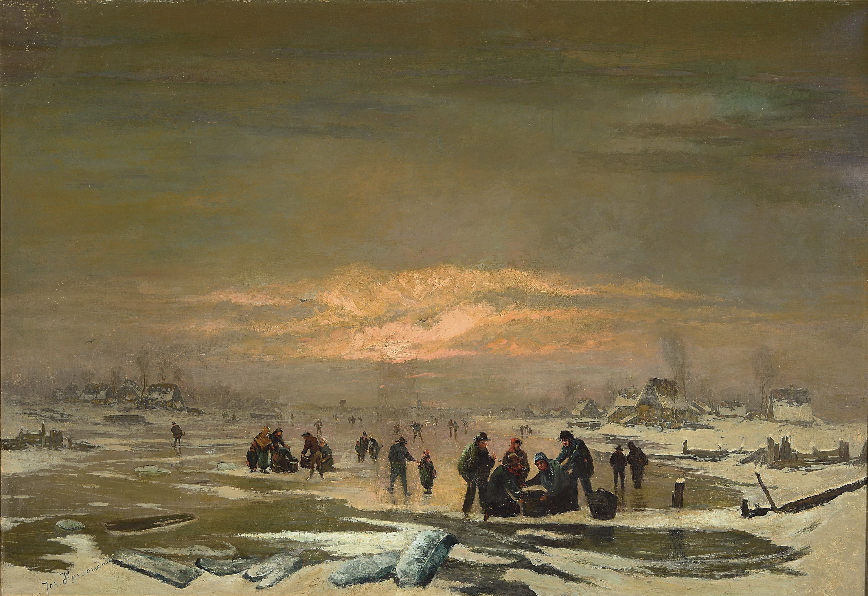 Josef F. Heydendahl, 1844-1906, Verschneite Winterlandschaft mit Menschen beim Eisfischen, Öl/Lwd, kleinere altersbedingte Oberflächenschäden, ca. ...