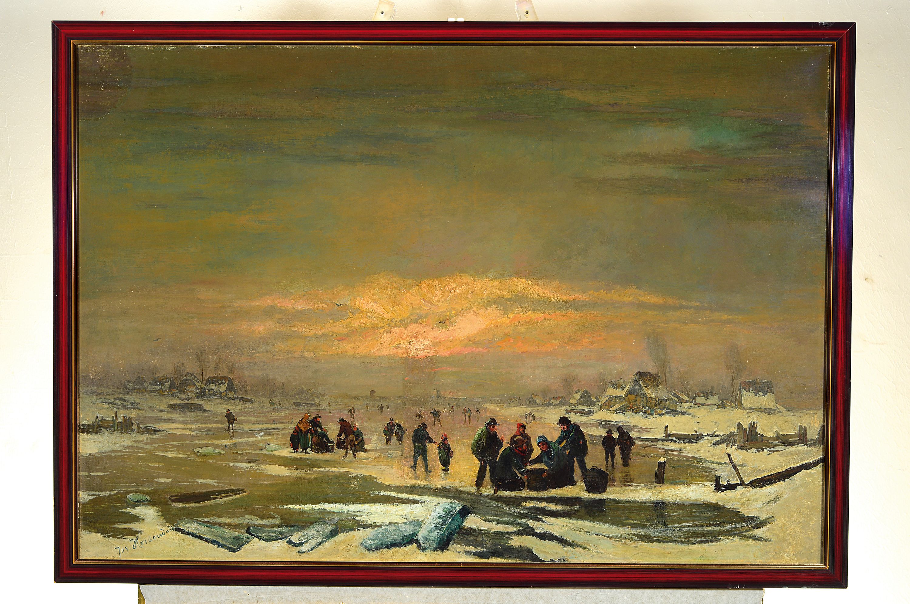 Detail k: Josef F. Heydendahl, 1844-1906, Verschneite Winterlandschaft mit Menschen beim Eisfischen, Öl/Lwd, kleinere altersbedingte Oberflächenschäden, ca. ...