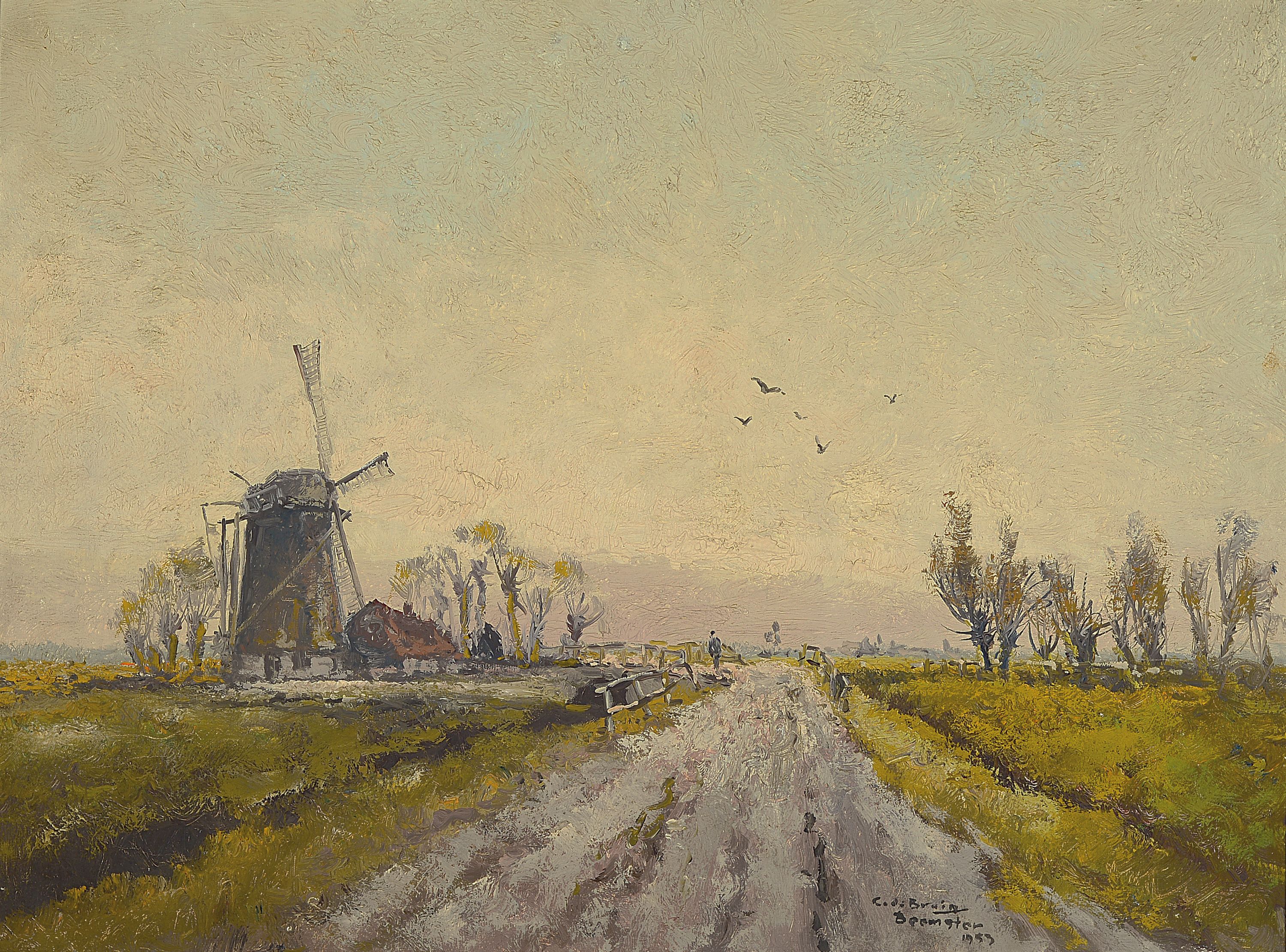 Cornelis de Bruin, 1931-1984, Holländische Landschaft mit Windmühle, Öl/Lwd, rechts unten sign., dat. 59 und bez. Beemster, ca. 58x78cm, R. ca. ...
