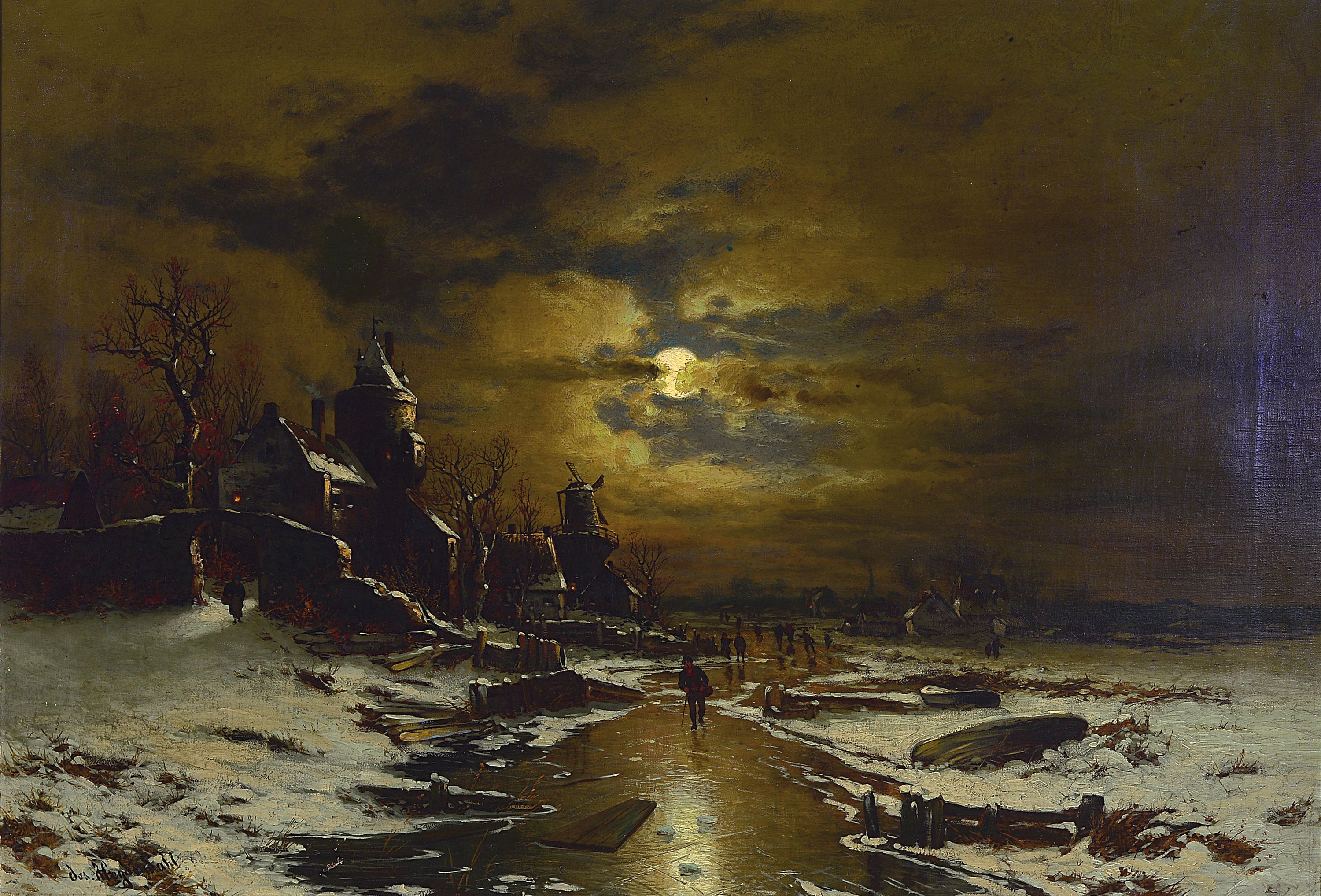 Josef F. Heydendahl, 1844-1906, Vollmond über Winterlandschaft mit Ruine und Menschen, Öl/Lwd, links unten signiert, min. Oberflächenschaden, ca. ...