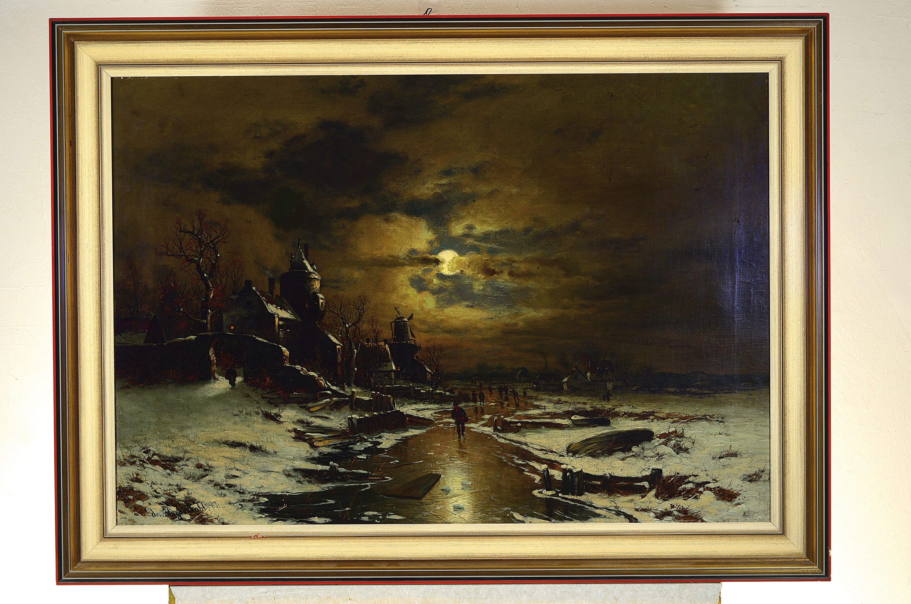 Detail k: Josef F. Heydendahl, 1844-1906, Vollmond über Winterlandschaft mit Ruine und Menschen, Öl/Lwd, links unten signiert, min. Oberflächenschaden, ca. ...