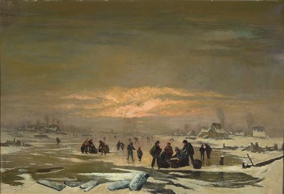 Image 26741983 - Josef F. Heydendahl, 1844-1906, Snowy winter landscape with people ice fishing, oil/canvas,minor age-related surface damage, approx. 65x95cm, frame approx. 69x99cm