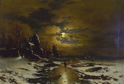 Image 26741985 - Josef F. Heydendahl, 1844-1906, full moon overwinter landscape with ruins and people, oil/canvas, signed lower left, min. surface damage, approx. 65x94cm, frame approx. 79x108cm