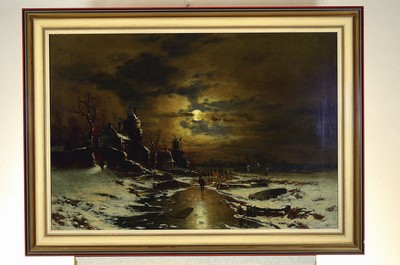 26741985k - Josef F. Heydendahl, 1844-1906, full moon overwinter landscape with ruins and people, oil/canvas, signed lower left, min. surface damage, approx. 65x94cm, frame approx. 79x108cm
