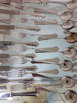 26741987b - Dining cutlery for 8 people, German, WMF, 800 silver, baroque style, 8 knives, 8 forks, 8 spoons, 8 round spoons, 8 starter knives, 8 starter forks, 8 coffee spoons, 8 cake forks, 2 serving spoons, meat fork, sauce ladle, hardly used, without Knife approx. 2500 g., total weight approx. 3430 g.
