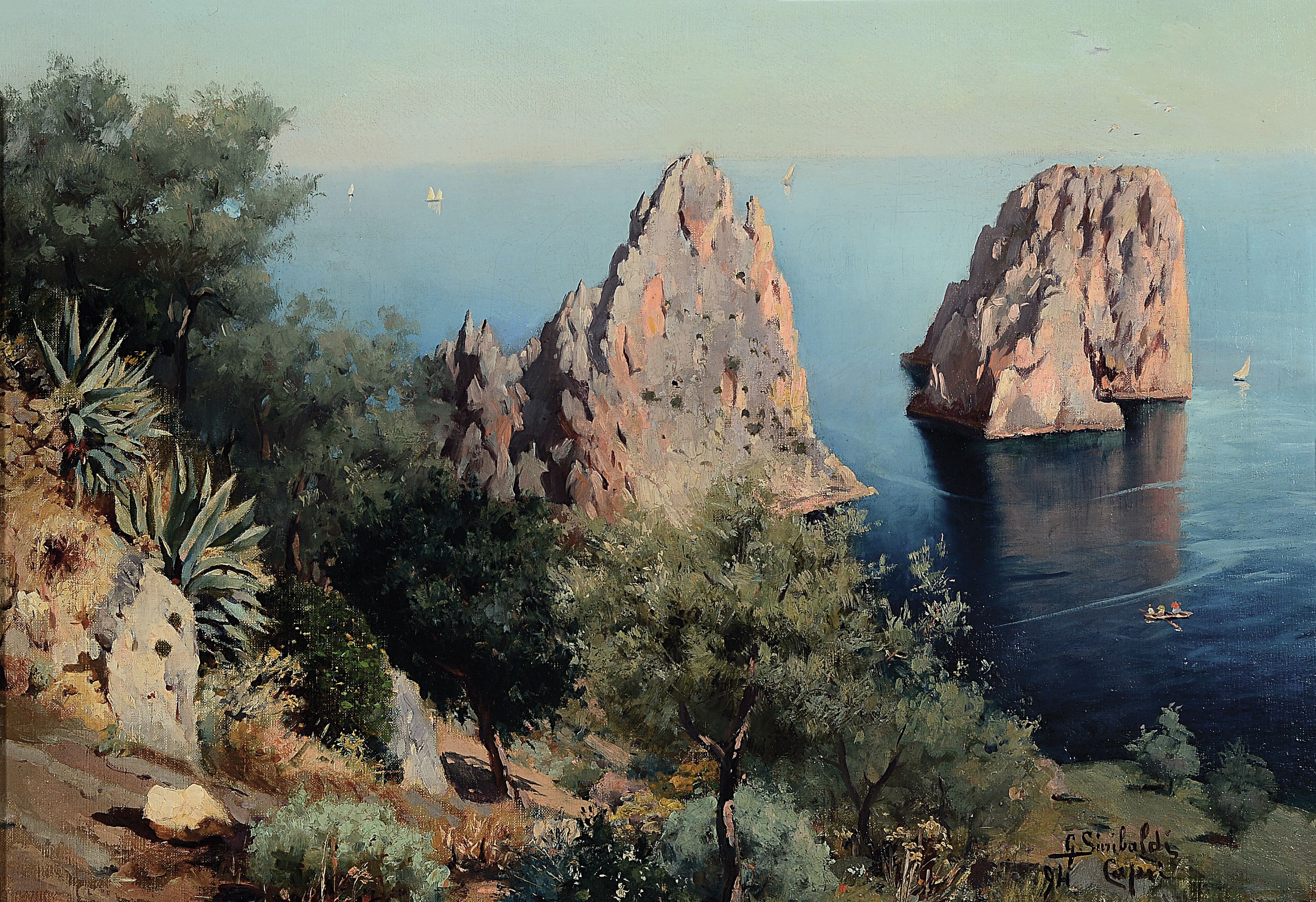 G. Grimaldi, italienischer Künstler des frühen 20.Jh., Ansicht von Capri, wohl Blick auf die Faraglioni-Felsen, rechts unten signiert und ...