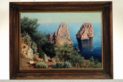 26742011k - G. Grimaldi, Italian artist of the early 20th century, view of Capri, probably a view of theFaraglioni rocks, signed and inscribed lower right, oil/canvas, 36x50 cm, frame 45x60 cm