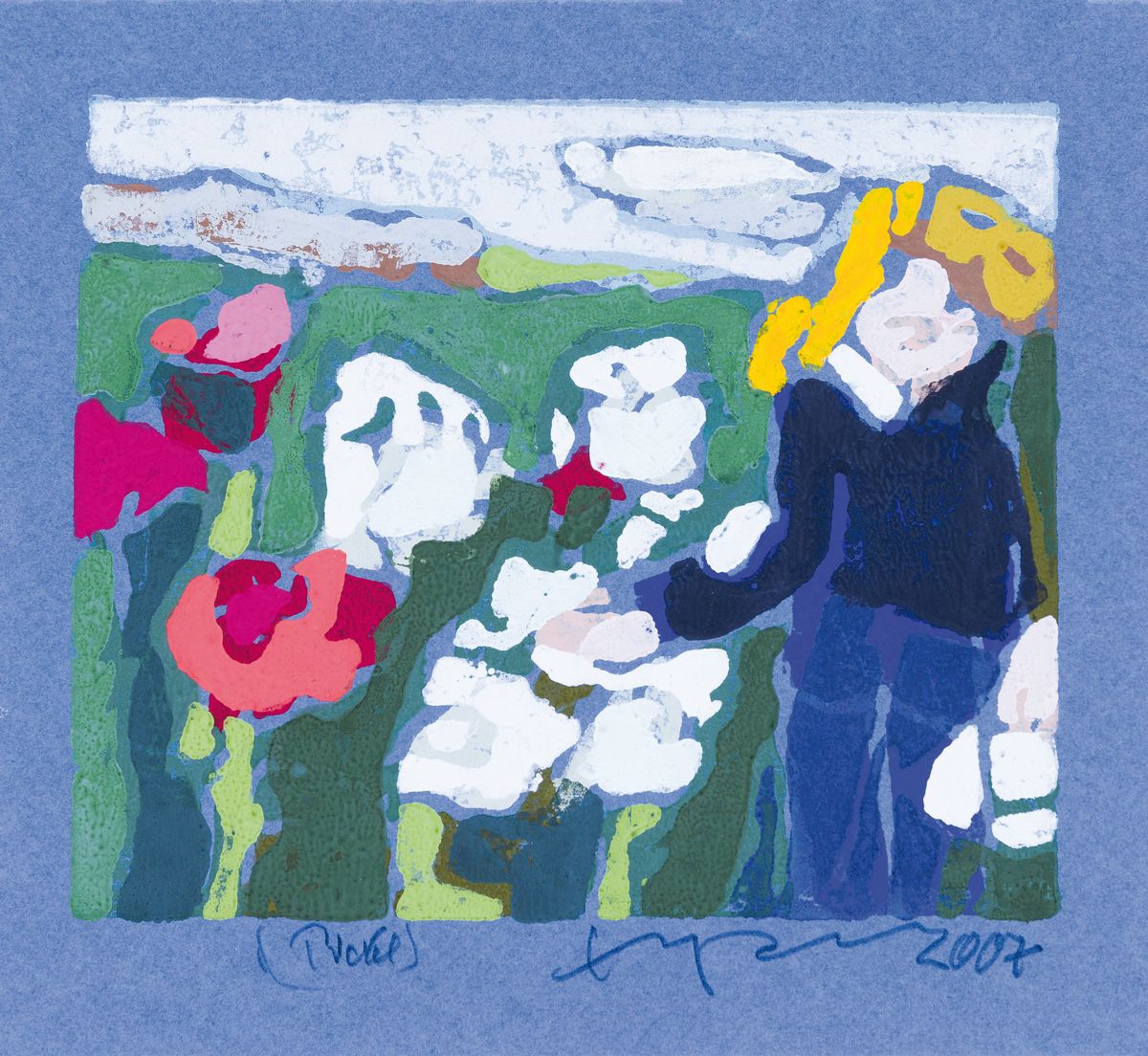 Klaus Fußmann, geb. 1938 Velbert, Barbara Fußmann im Garten, Farblinolschnitt auf blauem Papier, handsign. und dat. 2007, bez. (Probe), ca. 12x15cm
