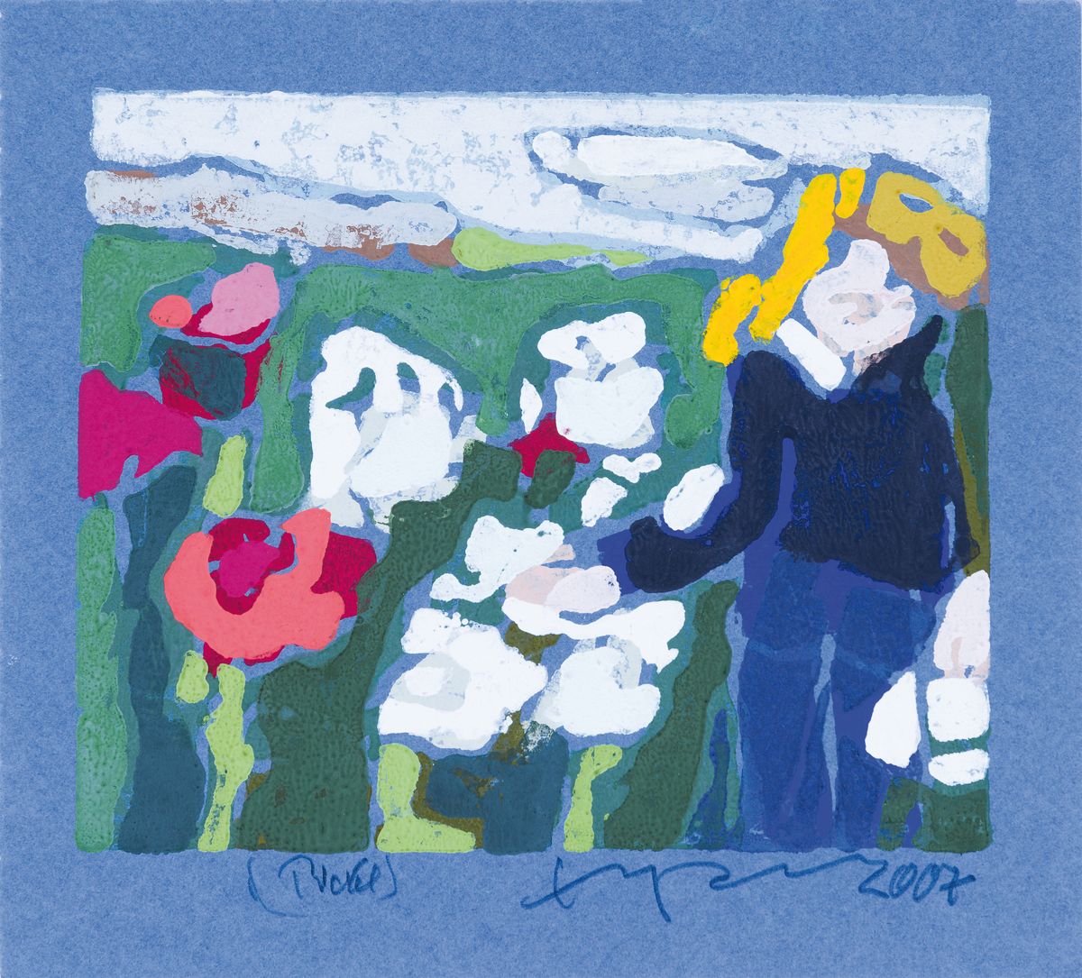 Detail k: Klaus Fußmann, geb. 1938 Velbert, Barbara Fußmann im Garten, Farblinolschnitt auf blauem Papier, handsign. und dat. 2007, bez. (Probe), ca. 12x15cm