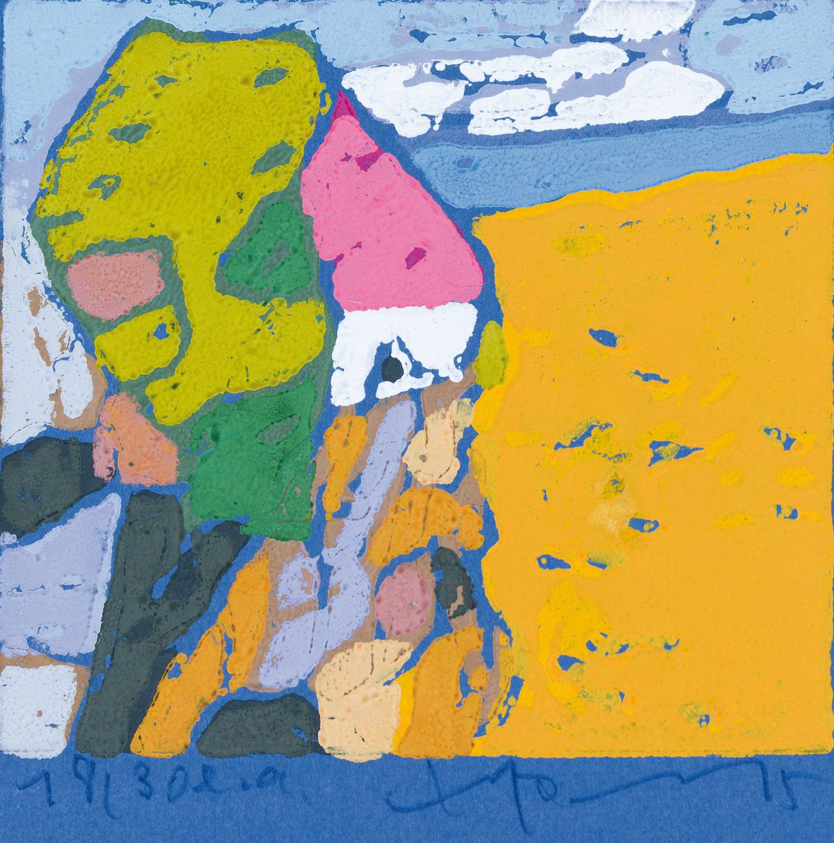 Klaus Fußmann, geb. 1938 Velbert, Weizen-Haus-Ostsee, Farblinolschnitt auf blauem papier, handsign. und dat. 05, num. 18/30 e.a., ca. 11x12cm