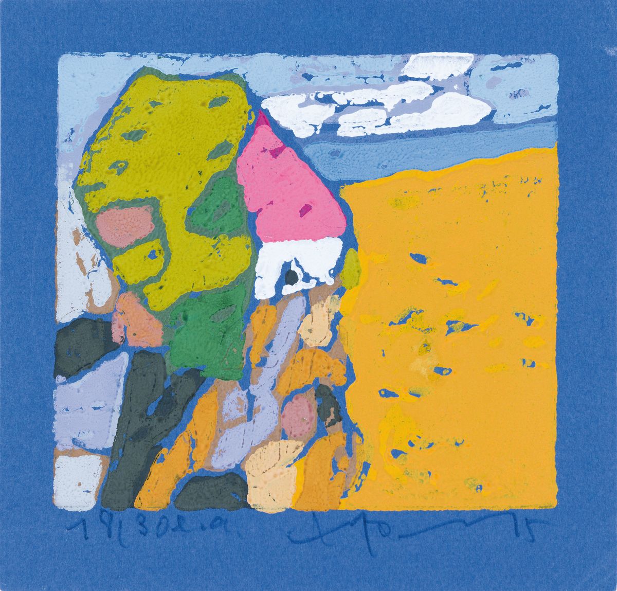Detail k: Klaus Fußmann, geb. 1938 Velbert, Weizen-Haus-Ostsee, Farblinolschnitt auf blauem papier, handsign. und dat. 05, num. 18/30 e.a., ca. 11x12cm