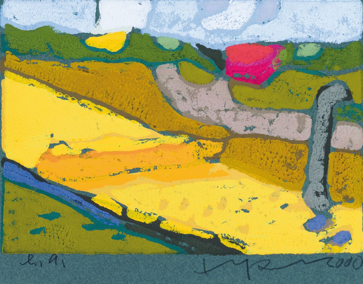 Klaus Fußmann, geb. 1938 Velbert, Sommerliche Landschaft, Farblinolschnitt auf grünem Papier, handsigniert und dat. 2000, bez.: e.a., ca. 13x19cm