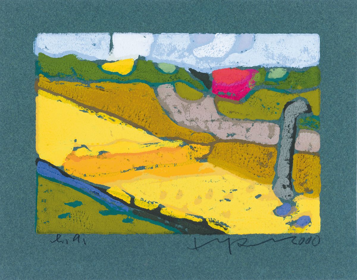 Detail k: Klaus Fußmann, geb. 1938 Velbert, Sommerliche Landschaft, Farblinolschnitt auf grünem Papier, handsigniert und dat. 2000, bez.: e.a., ca. 13x19cm