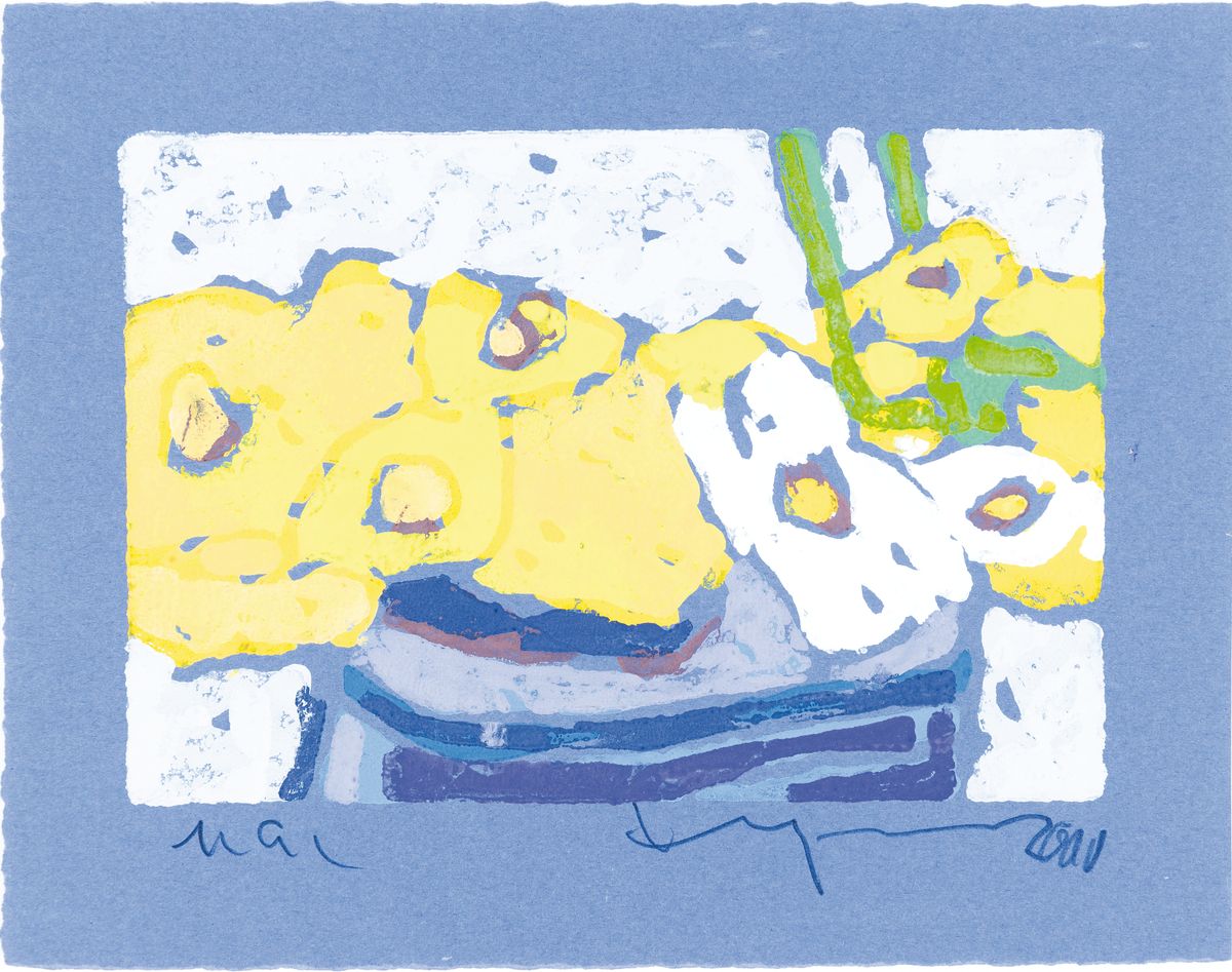 Detail k: Klaus Fußmann, geb. 1938 Velbert, Rudbeckia und Margeriten, Farblinolschnitt auf blauem papier, handsign. und dat. 2000, bez. e.a., ca. 10.5x15cm