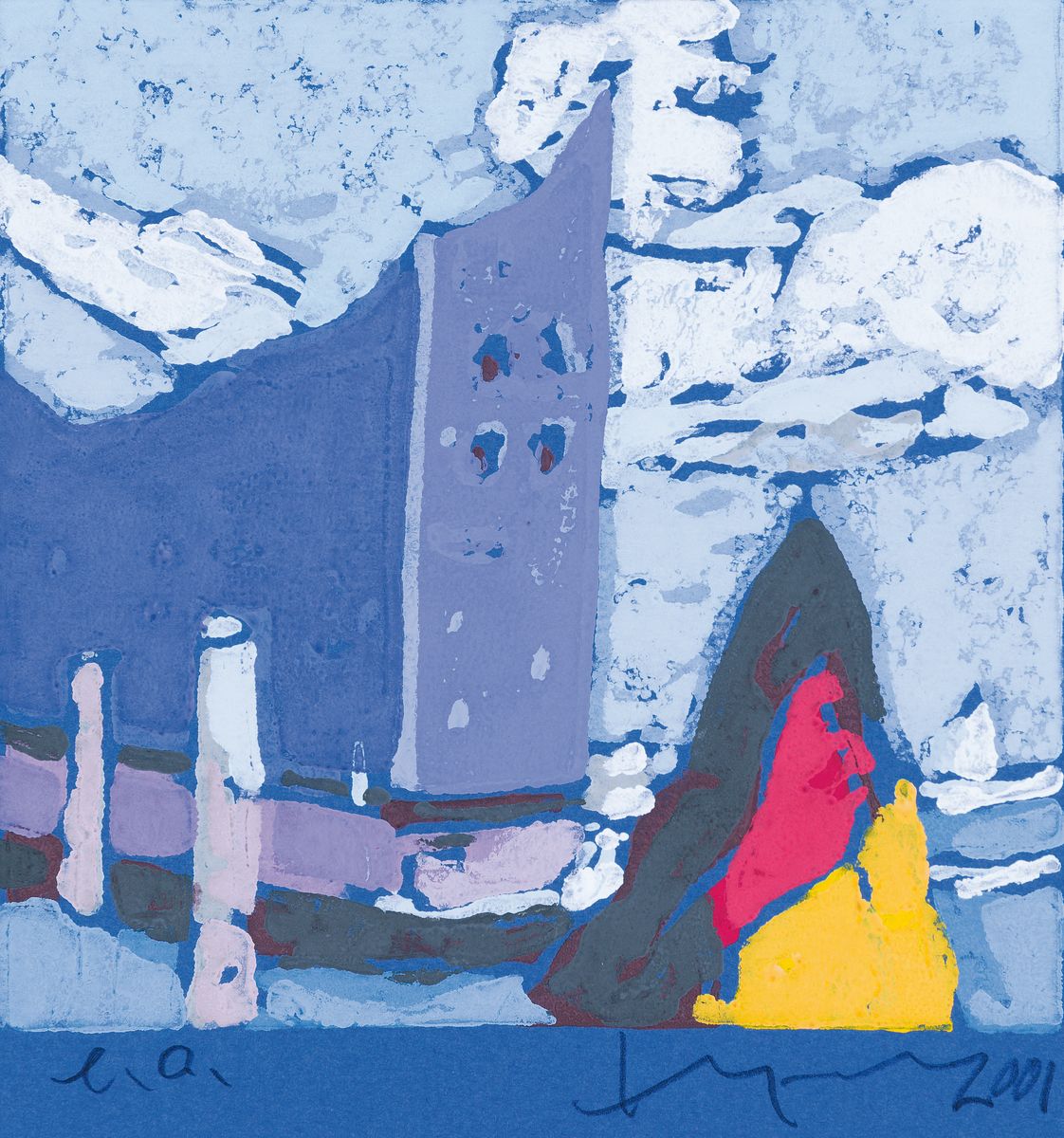 Klaus Fußmann, geb. 1938 Velbert, Elbphilharmonie Hamburg, Farblinolschnitt auf blauem Papier, handsigniert und dat. 2001, bez.: e.a., ca. 14x14cm