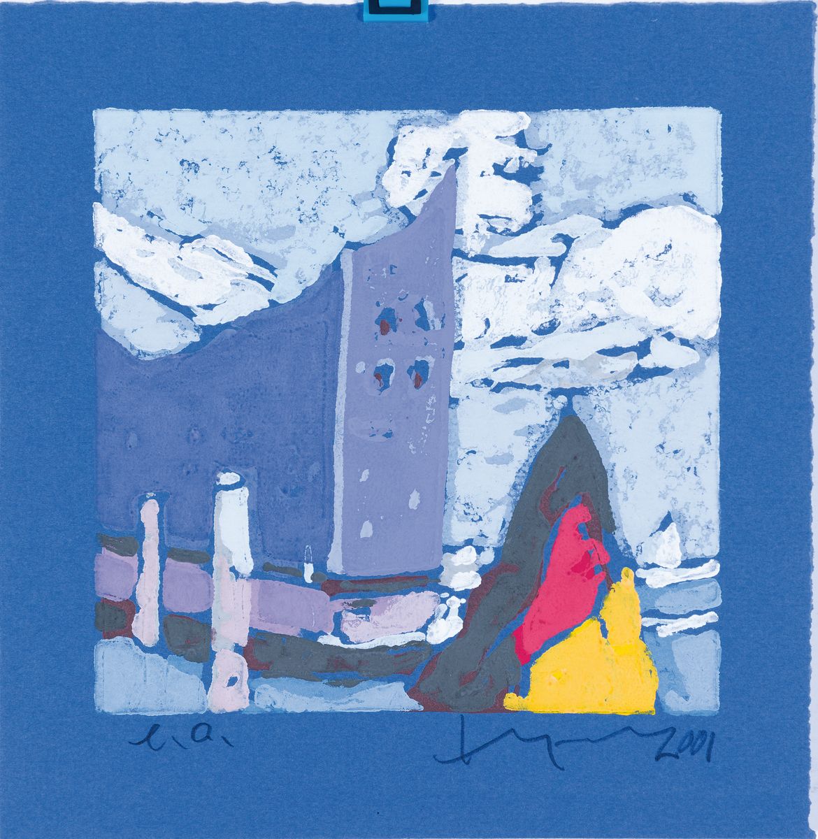 Detail k: Klaus Fußmann, geb. 1938 Velbert, Elbphilharmonie Hamburg, Farblinolschnitt auf blauem Papier, handsigniert und dat. 2001, bez.: e.a., ca. 14x14cm