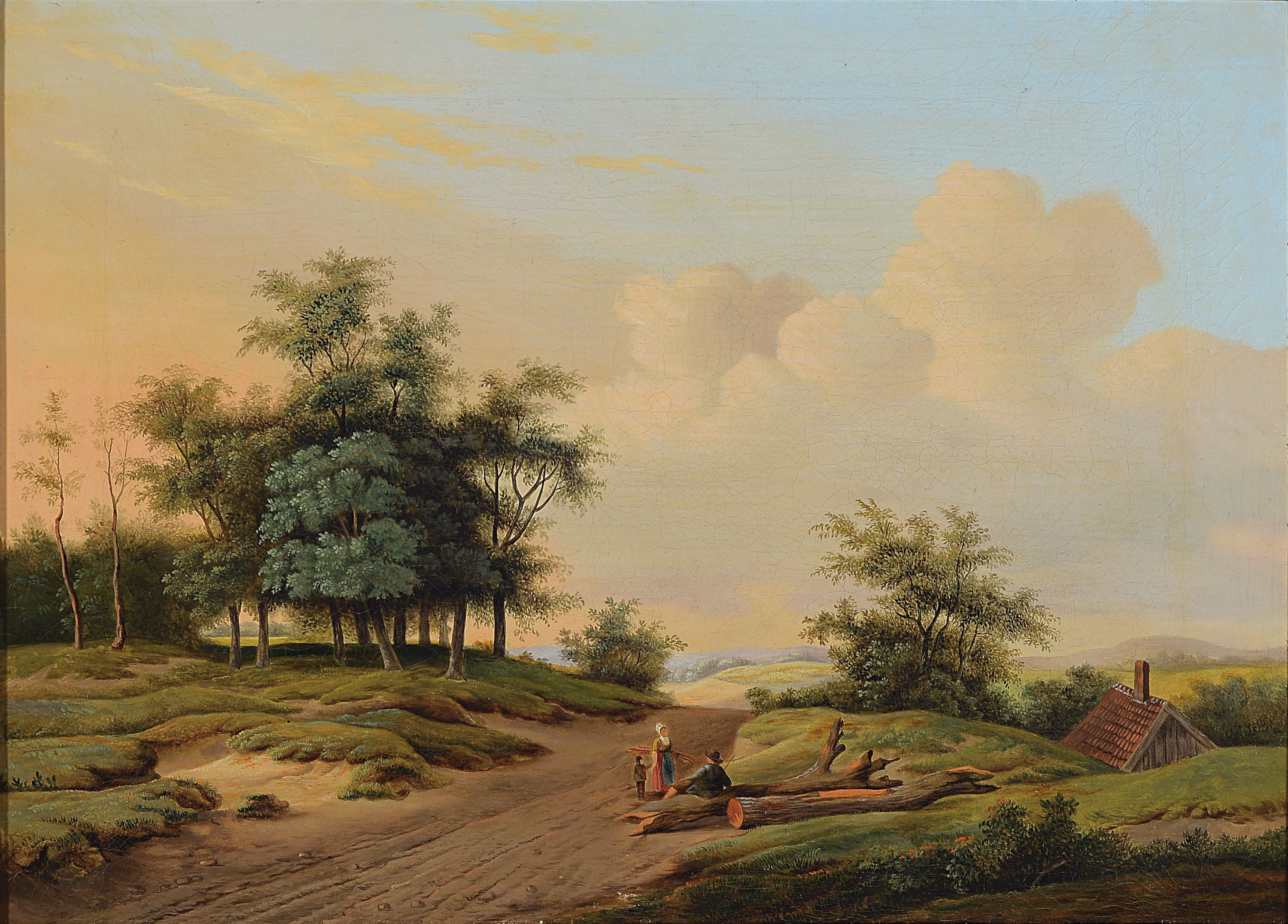 Niederländischer Maler, erste Hälfte des 19. Jh., Sommerliche Landschaft mit Baum bestandenem Weg und Personen, Öl/Lwd, im Stil der Malerfamilie ...