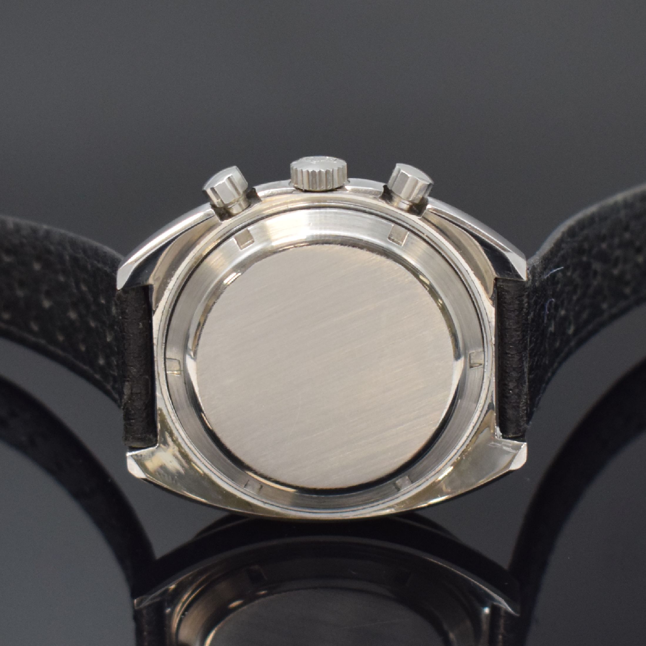 Detail c: HEUER Autavia Herrenchronograph Referenz 73463 in Stahl, Schweiz um 1972, Handaufzug, Lederband m. orig. Dornschl., Boden verschr., Lünette m. 60er ...