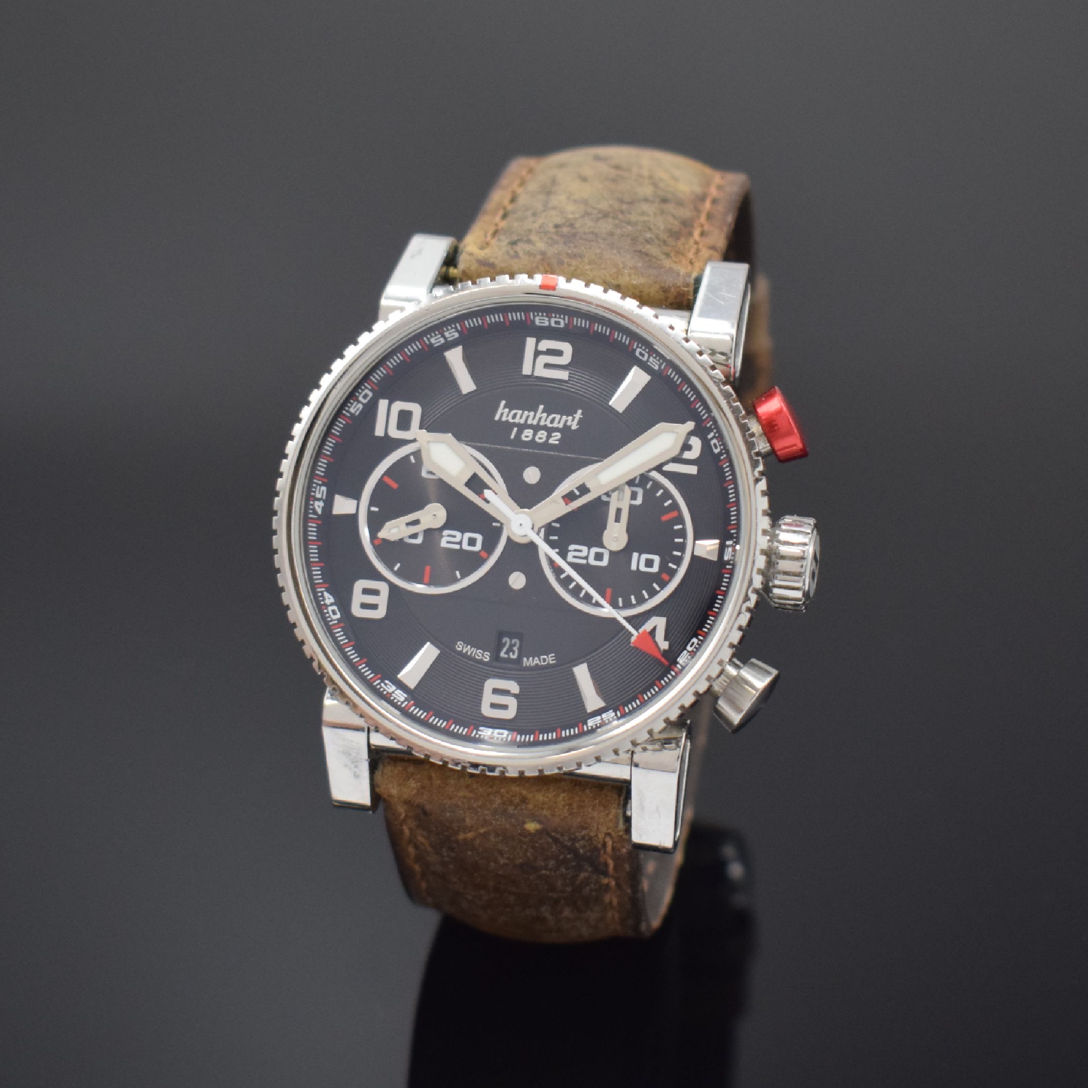HANHART Armbandchronograph Primus Racer in Stahl, Schweiz um 2020, Automatik, beids. vergl. Geh., Boden 7-fach verschr., bewegliche Anstöße, ...