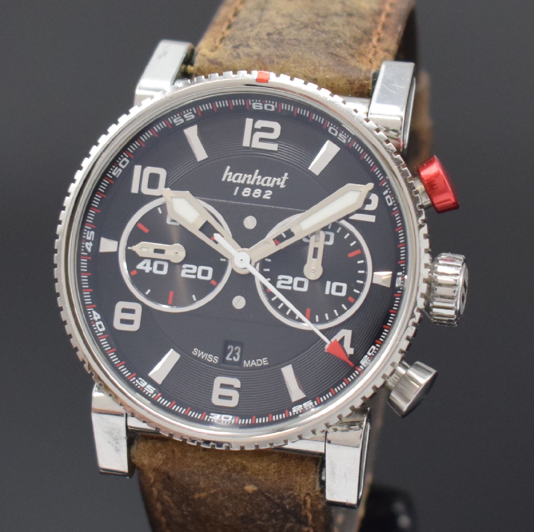 Detail a: HANHART Armbandchronograph Primus Racer in Stahl, Schweiz um 2020, Automatik, beids. vergl. Geh., Boden 7-fach verschr., bewegliche Anstöße, ...