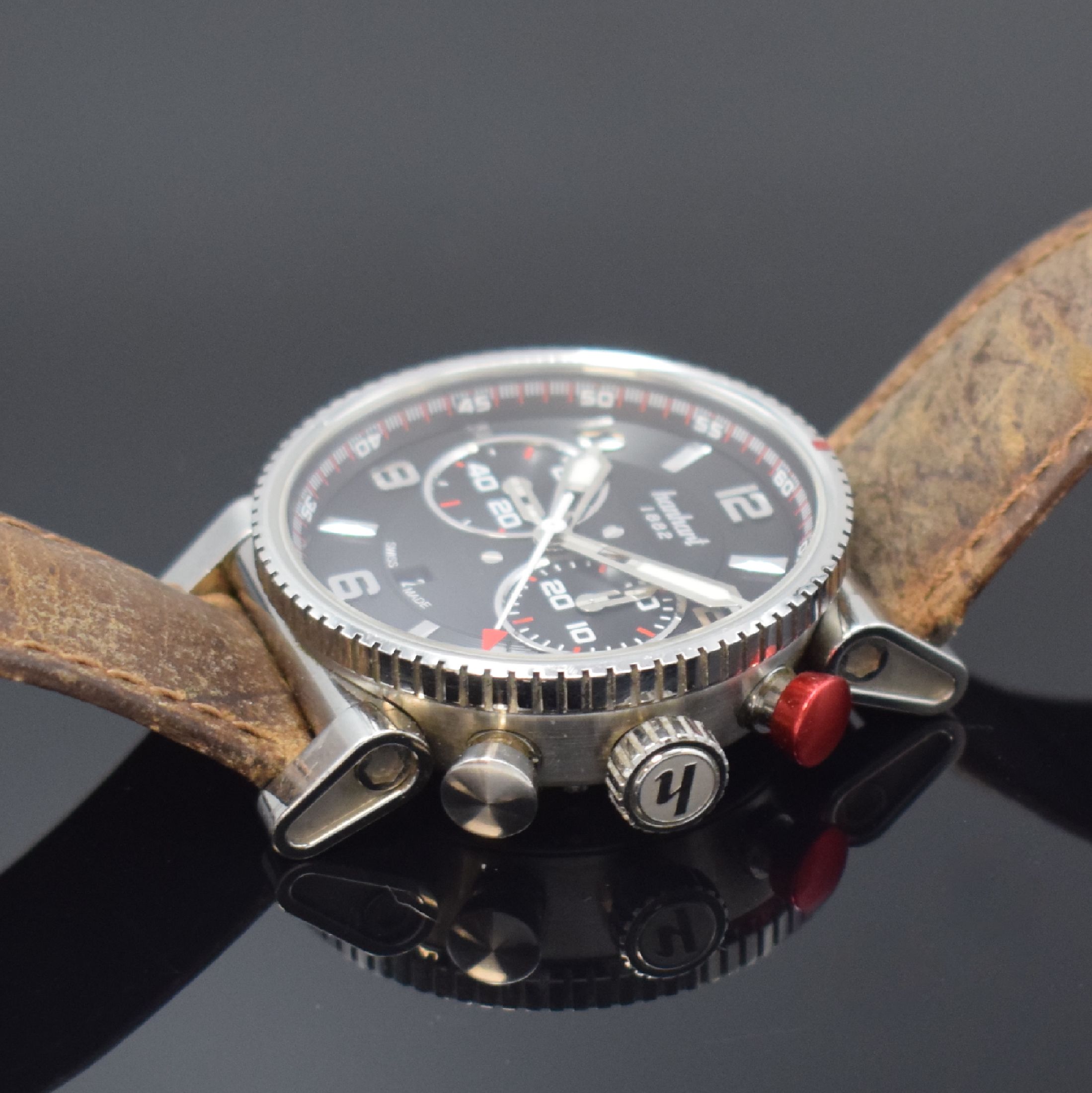 Detail b: HANHART Armbandchronograph Primus Racer in Stahl, Schweiz um 2020, Automatik, beids. vergl. Geh., Boden 7-fach verschr., bewegliche Anstöße, ...