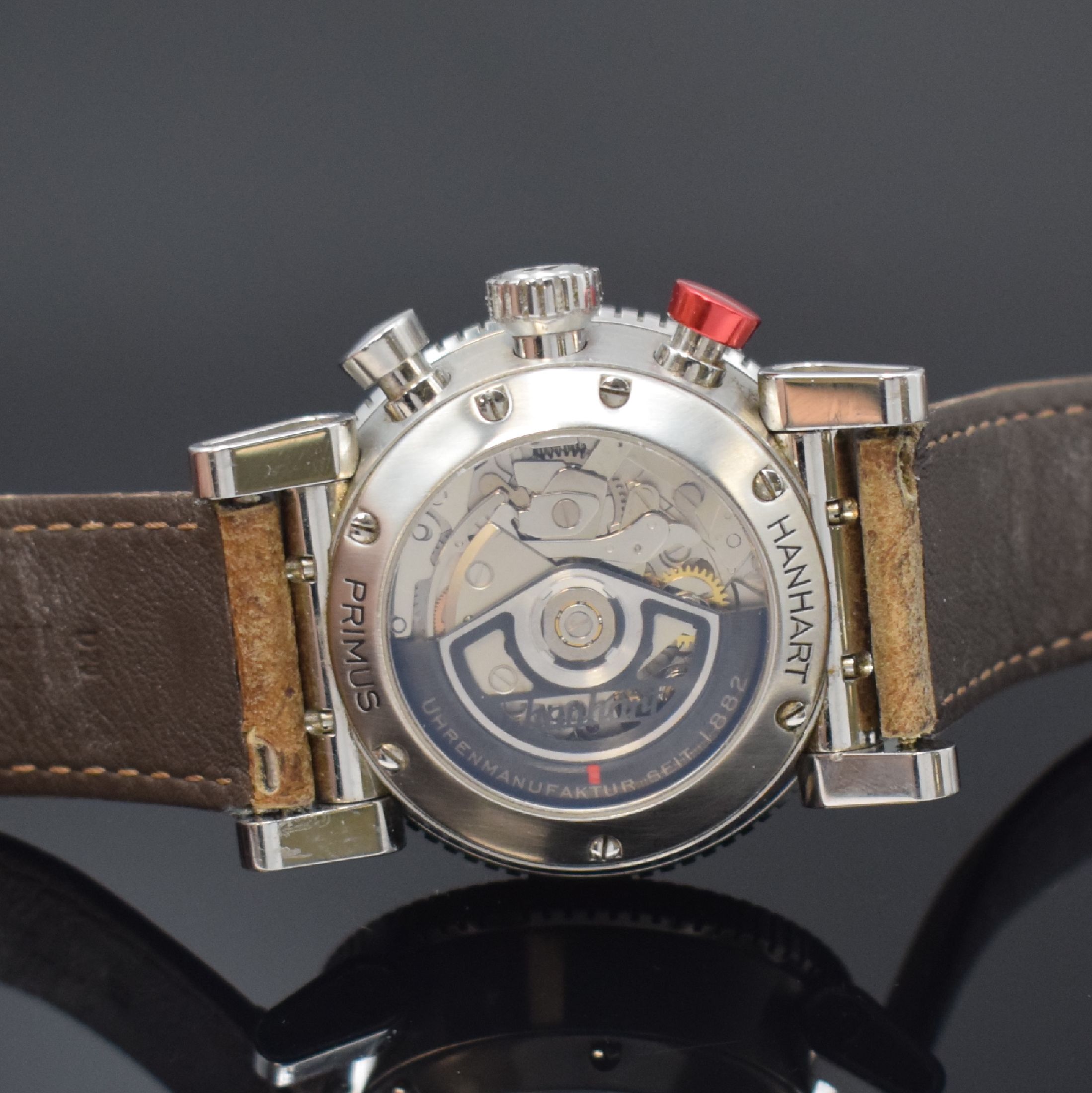 Detail c: HANHART Armbandchronograph Primus Racer in Stahl, Schweiz um 2020, Automatik, beids. vergl. Geh., Boden 7-fach verschr., bewegliche Anstöße, ...