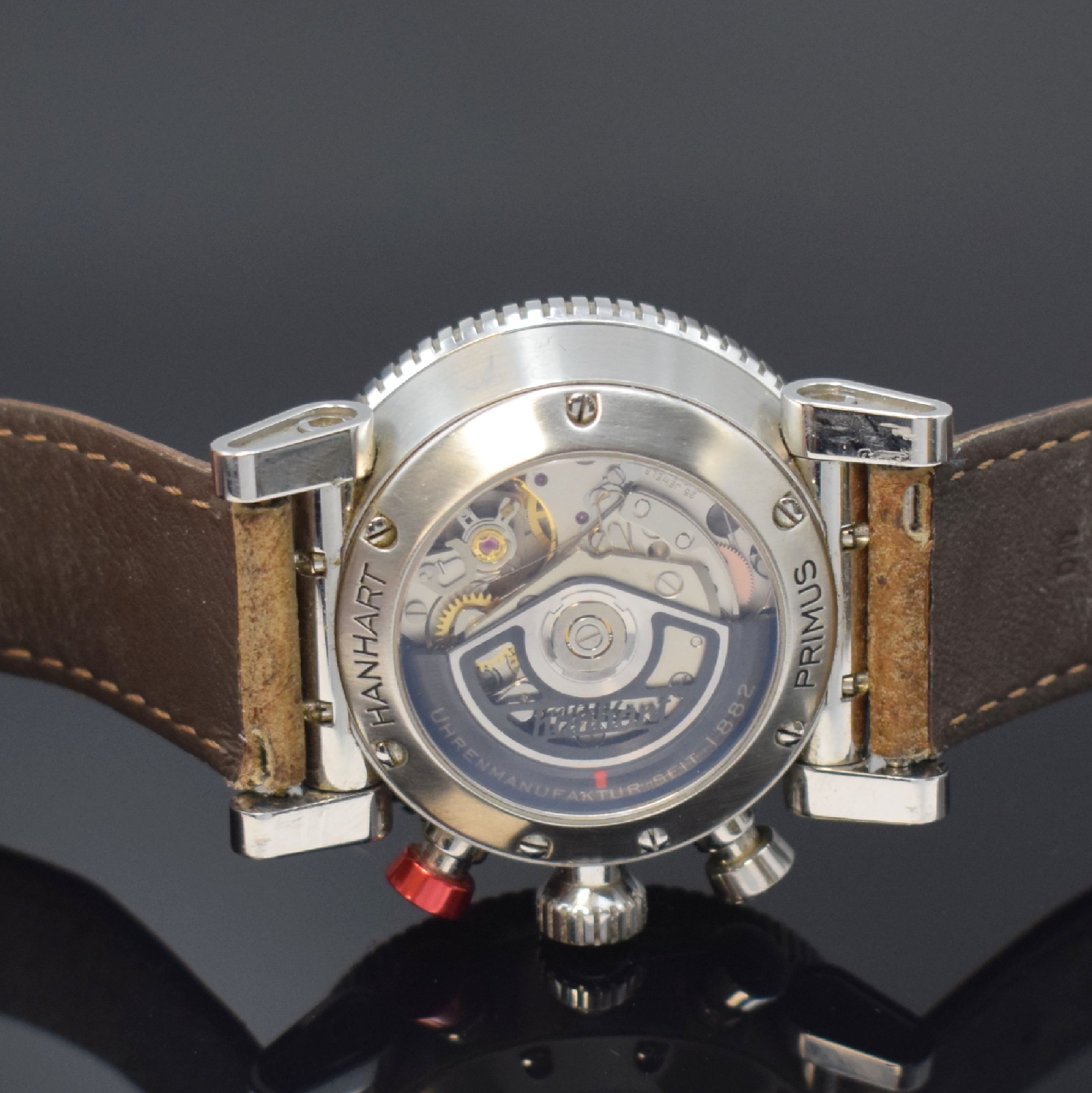 Detail d: HANHART Armbandchronograph Primus Racer in Stahl, Schweiz um 2020, Automatik, beids. vergl. Geh., Boden 7-fach verschr., bewegliche Anstöße, ...