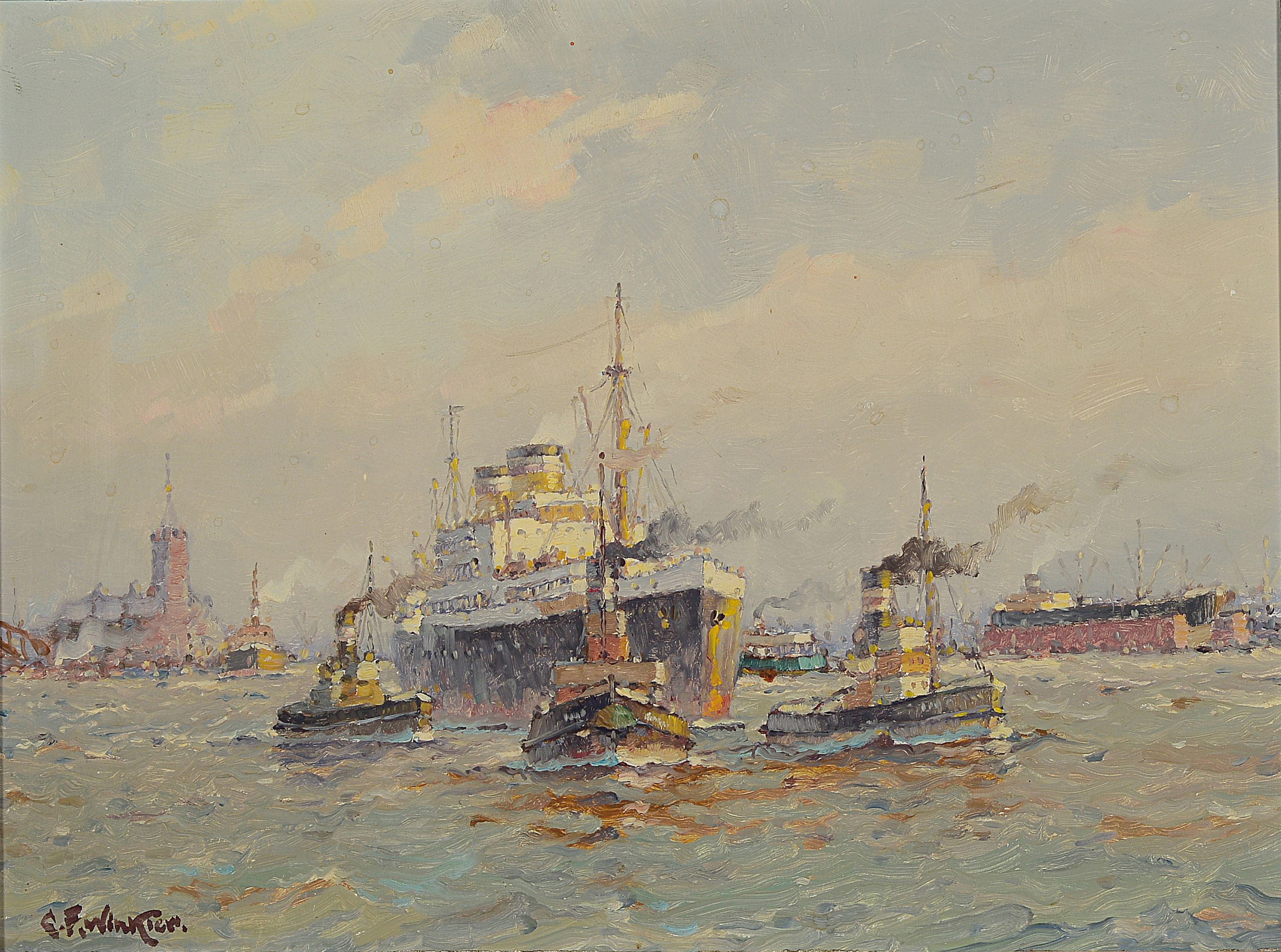 G.F. Winkler, Maler der Mitte des 20. Jh., Blick in den Hamburger Hafen, Öl/Hartfaser, links unten signiert, ca. 30x40cm, R. ca. 41x51cm