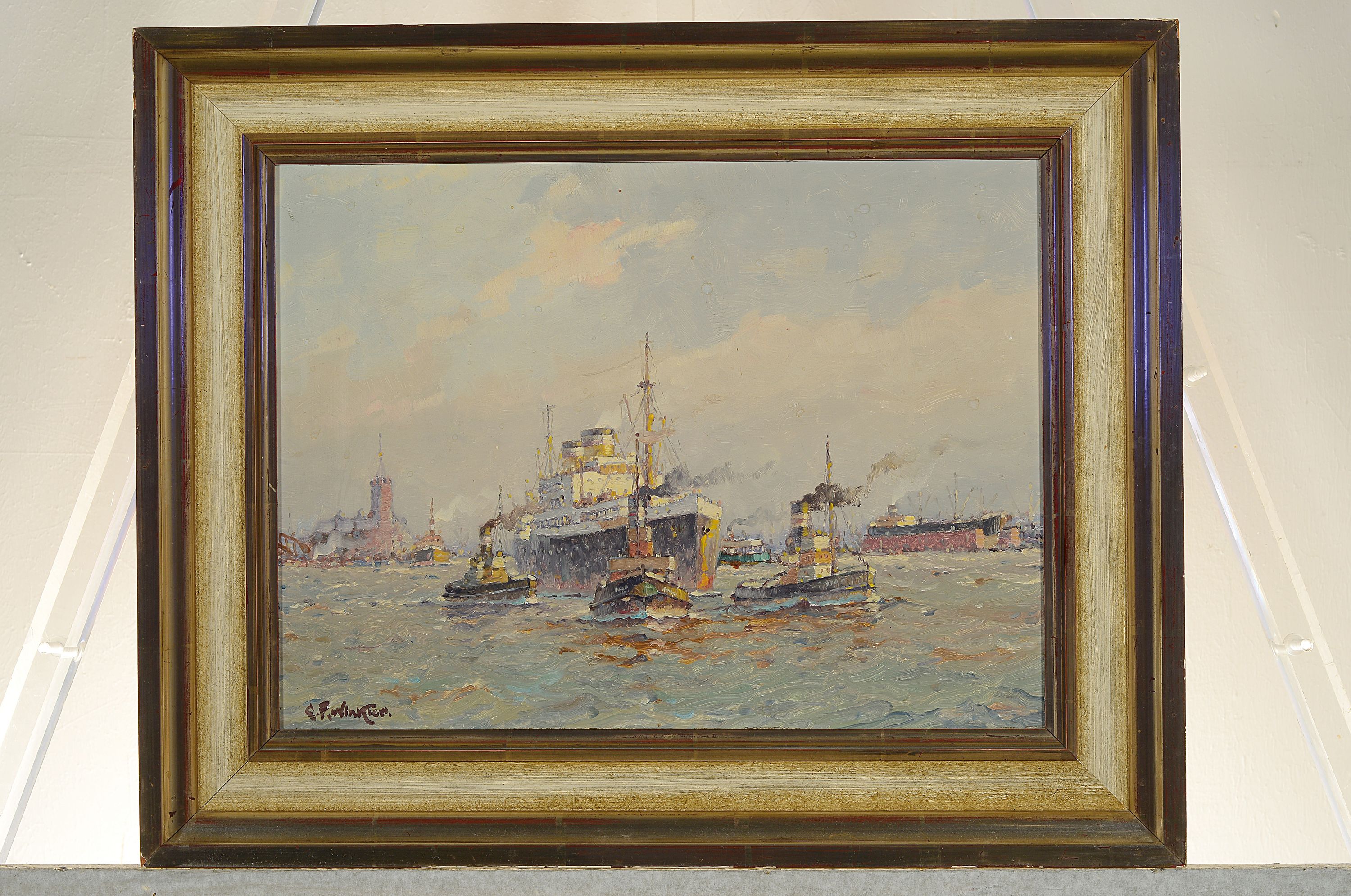 Detail k: G.F. Winkler, Maler der Mitte des 20. Jh., Blick in den Hamburger Hafen, Öl/Hartfaser, links unten signiert, ca. 30x40cm, R. ca. 41x51cm