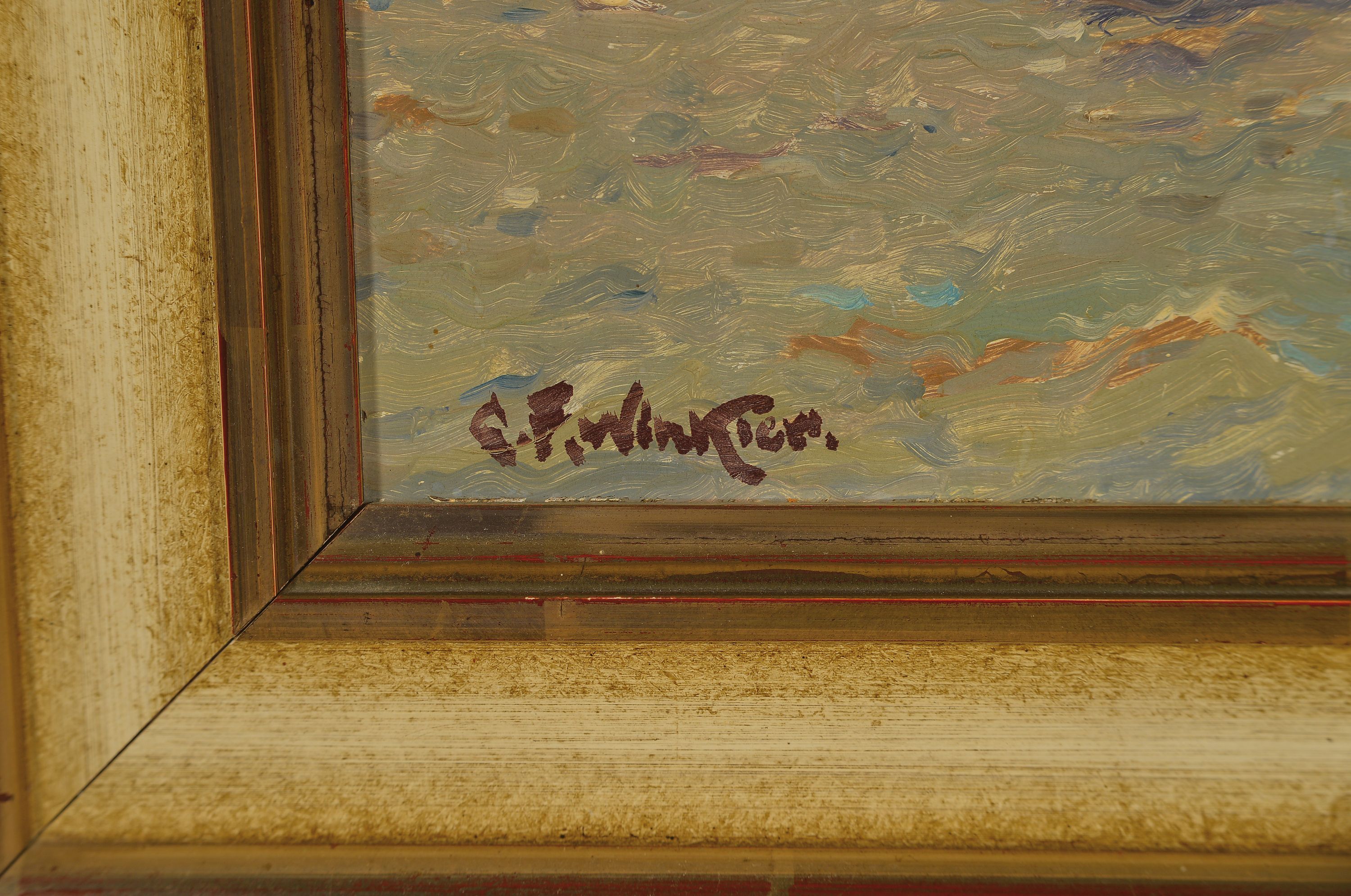 Detail l: G.F. Winkler, Maler der Mitte des 20. Jh., Blick in den Hamburger Hafen, Öl/Hartfaser, links unten signiert, ca. 30x40cm, R. ca. 41x51cm
