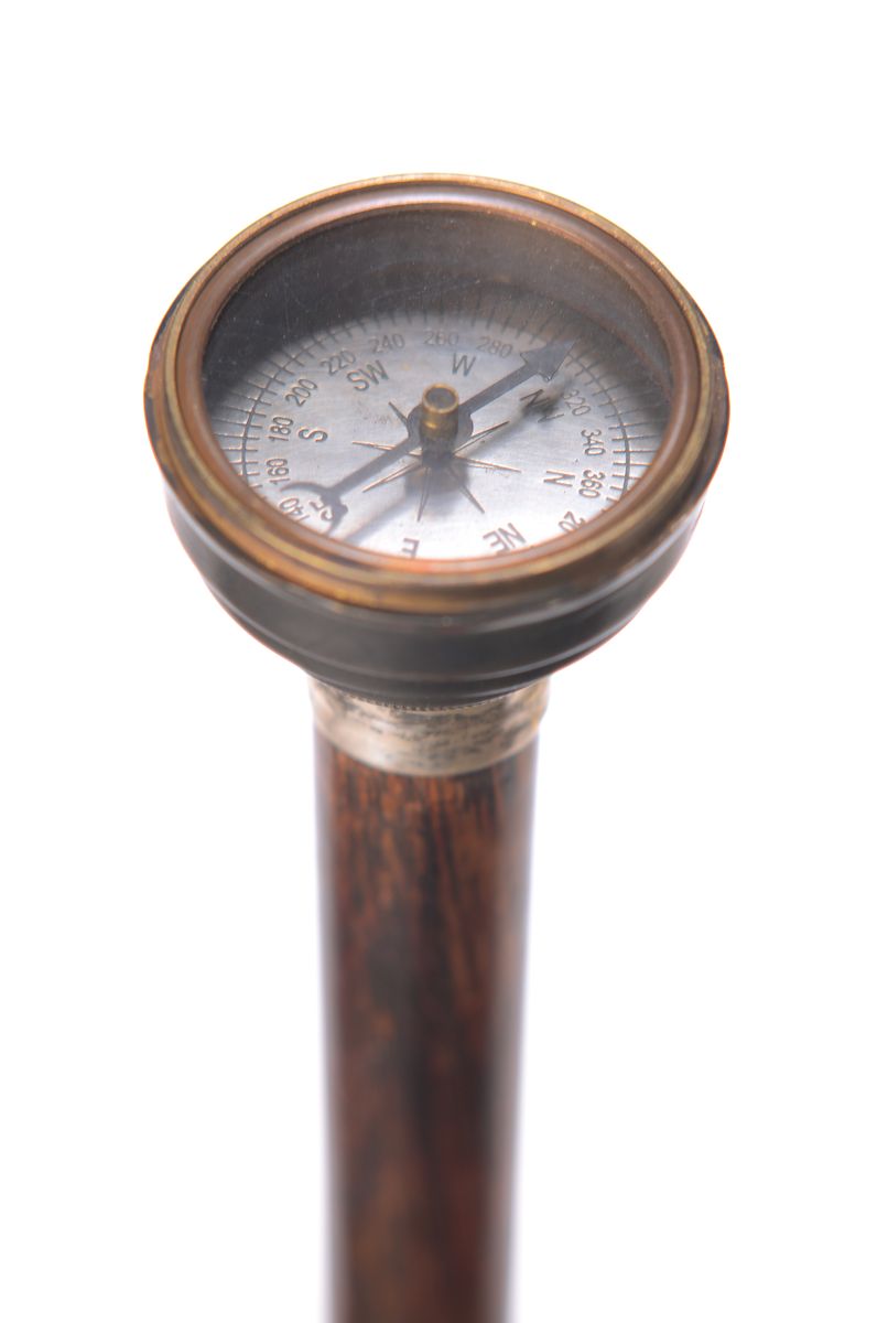 Detail a: Systemstock mit Kompass, Anfang 20.Jh., Deckel mit ausgeschnittenem Theresien Taler (Silber), Metallgehäuse, Holzstock, L. 88 cm