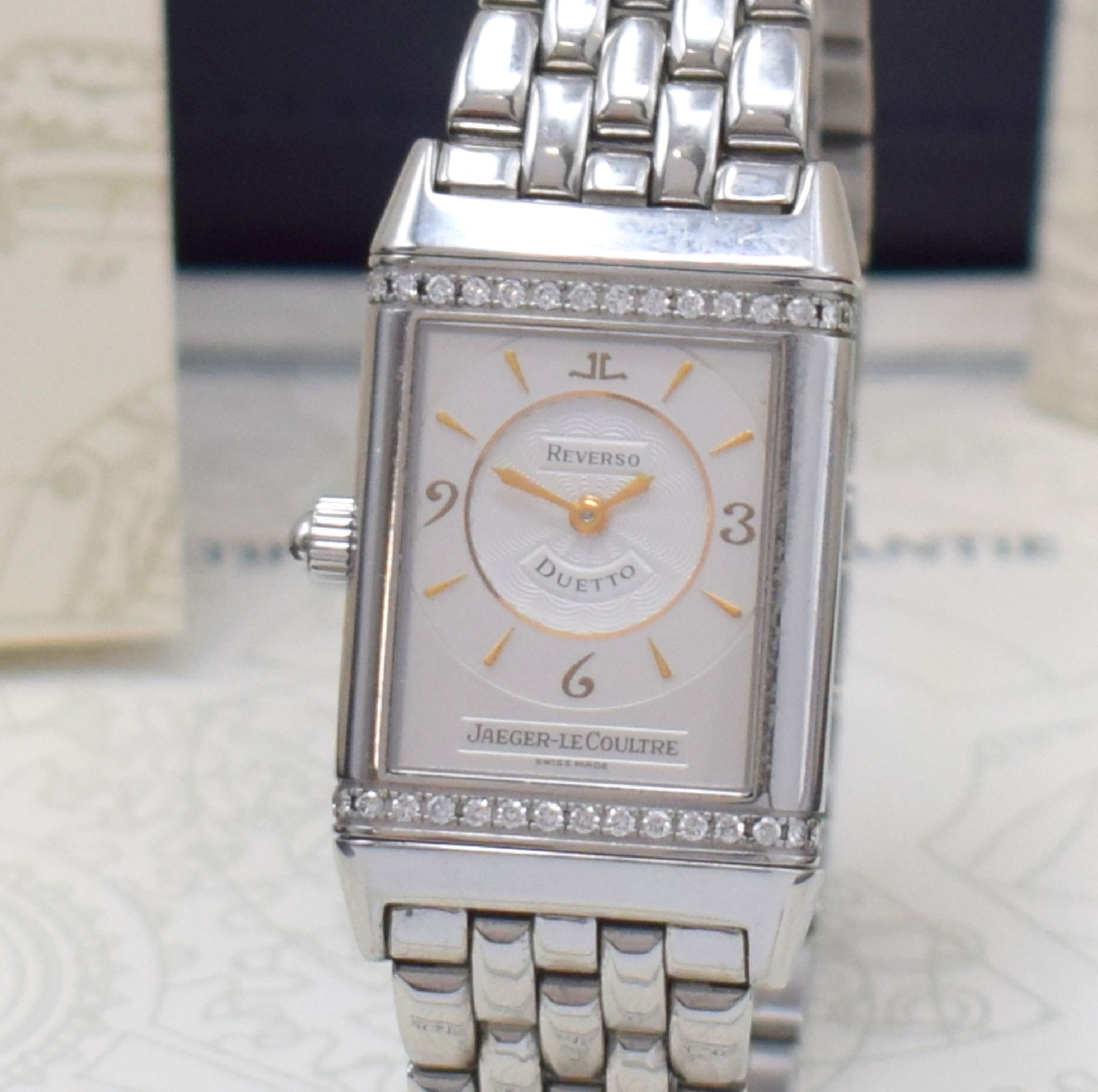 Detail a: Jaeger-LeCoultre Damenarmbanduhr Reverso Duetto Referenz 256.8.75, Handaufzug, Schweiz verk. lt. beil. Pap. 11/2002, im Edelstahl-Wendegeh., eine ...