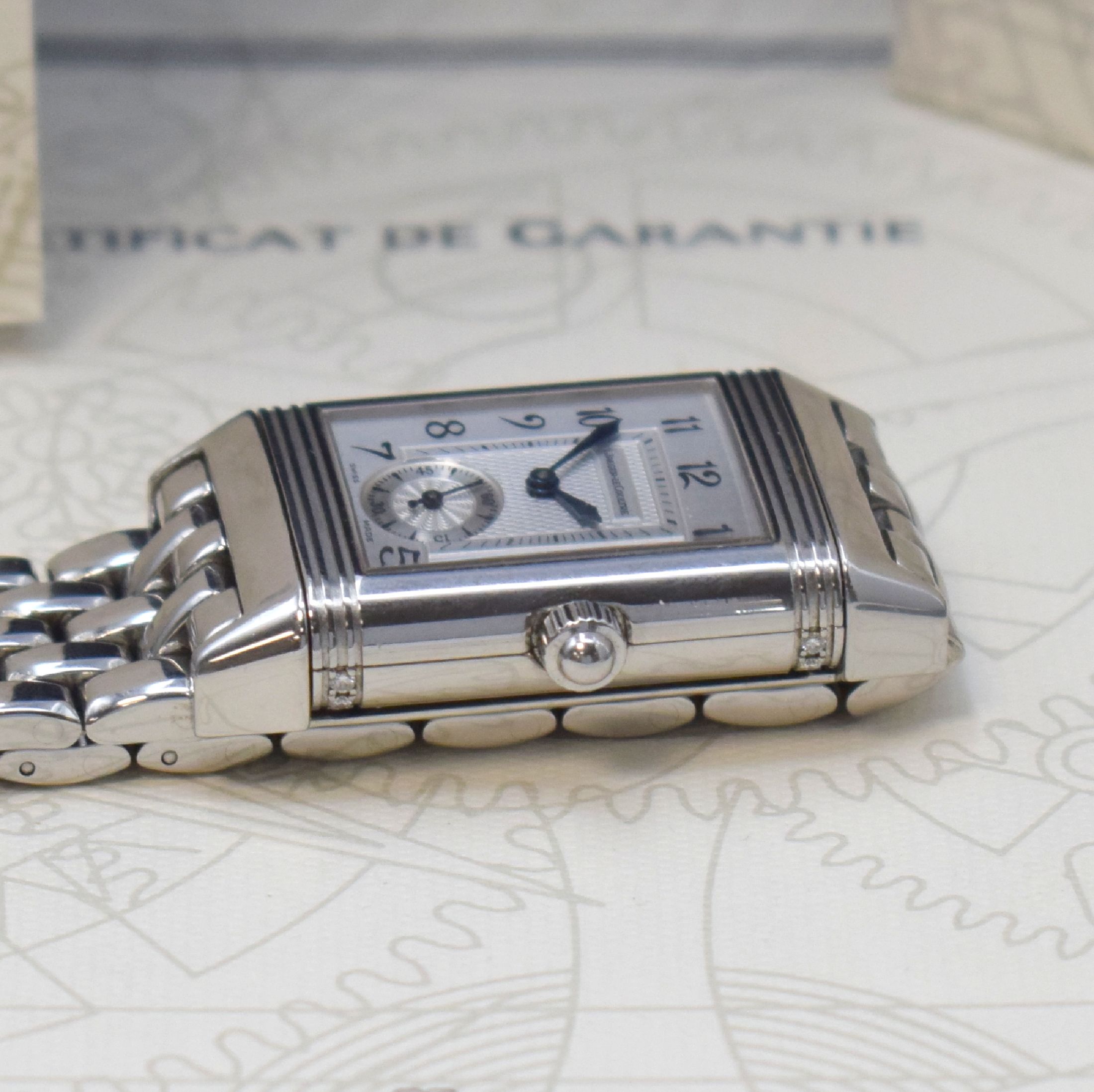 Detail d: Jaeger-LeCoultre Damenarmbanduhr Reverso Duetto Referenz 256.8.75, Handaufzug, Schweiz verk. lt. beil. Pap. 11/2002, im Edelstahl-Wendegeh., eine ...