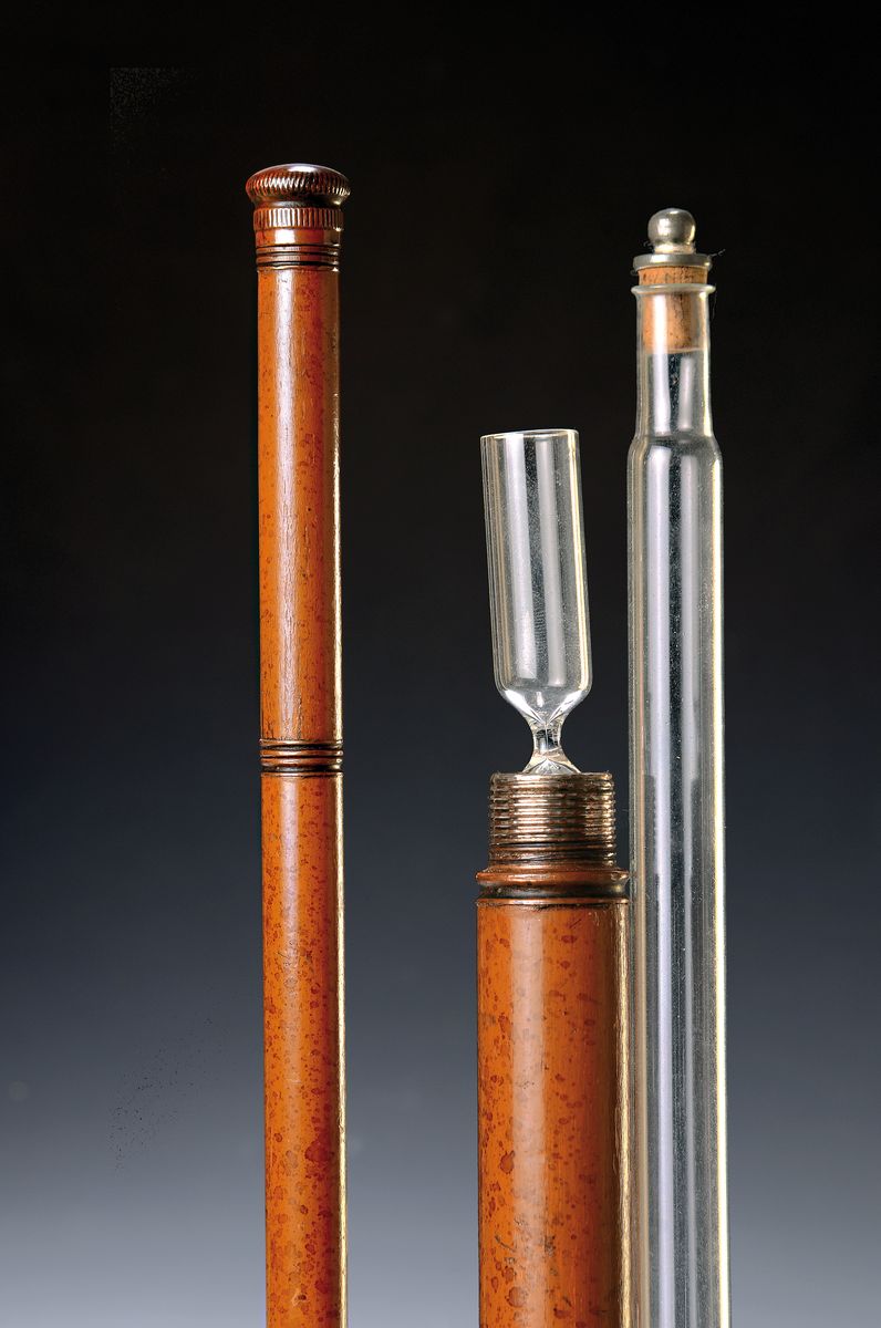 Trinkstock mit Glas und Flasche, sog. "Toulouse Lautrec", wohl Frankreich, Ende 19. Jh., Holzschuß mit aufgemalter Maserung, kupferfarbene ...