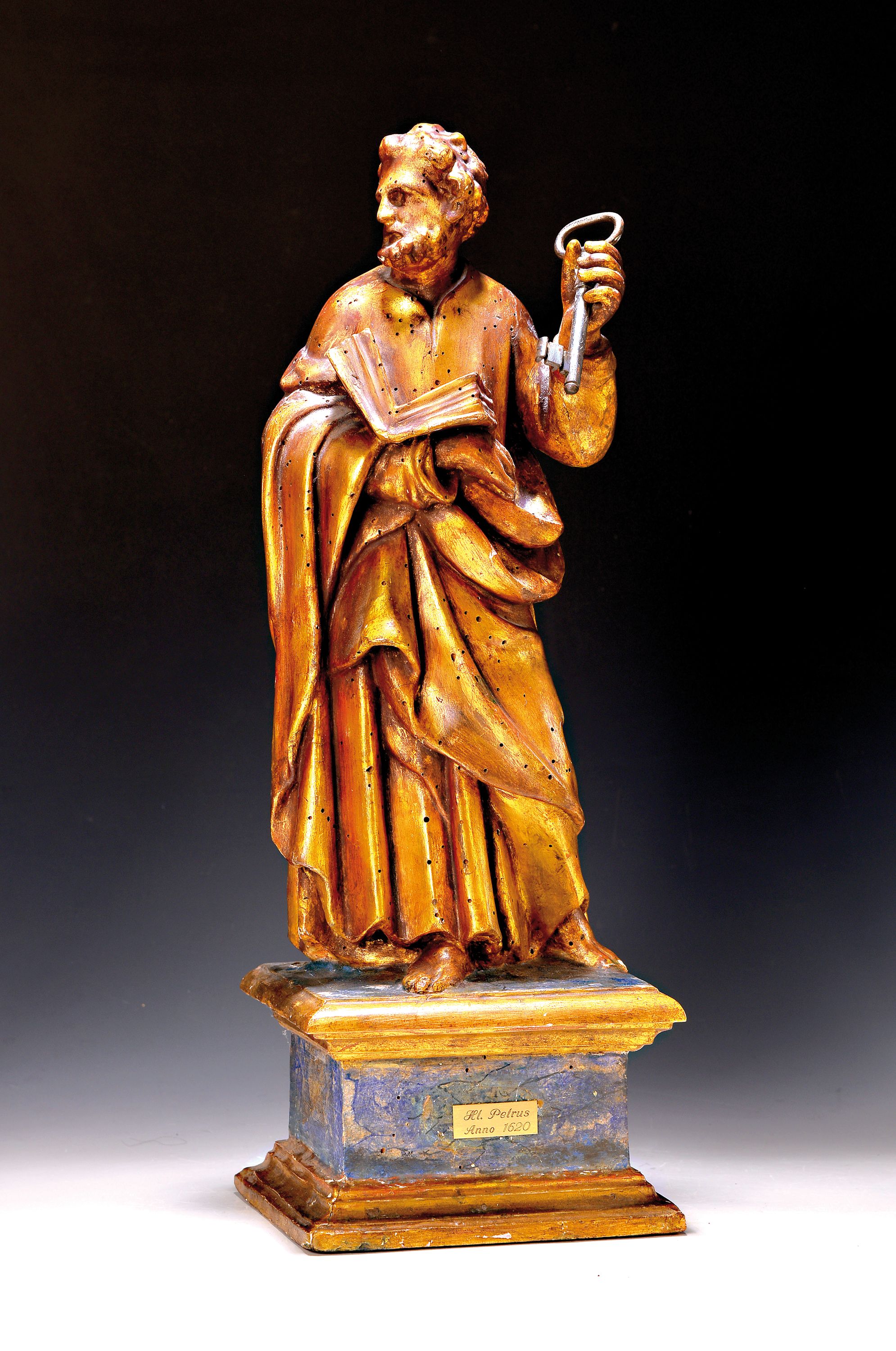 Heiligenfigur, Hl. Petrus, süddeutsch, 20.Jh., Holz, geschnitzt, goldfarben gefasst, auf Sockel, H. 57 cm
