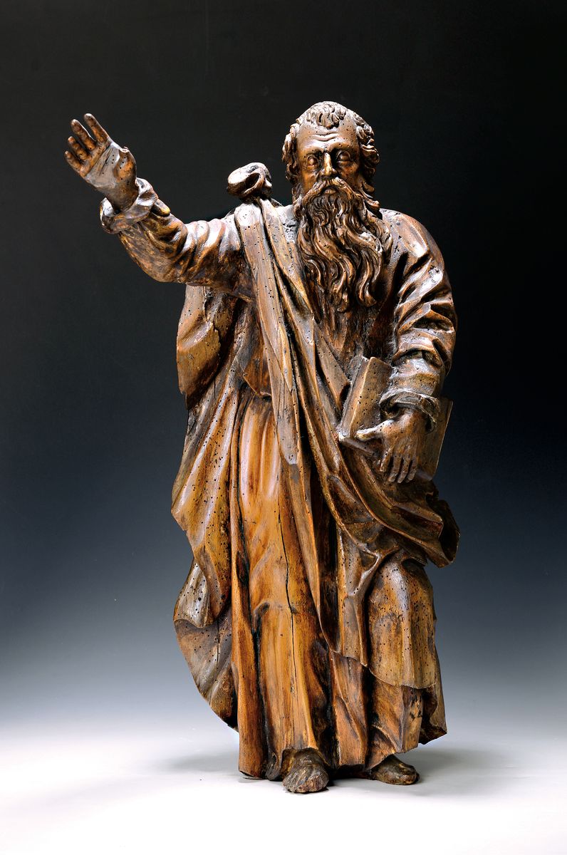 Heiligenskulptur, Petrus oder Paulus, 19.Jh., Holz geschnitzt, ungefasst, Daumen fehlt, attributiert durch Buch, alter Wurmbefall, H. 70 cm