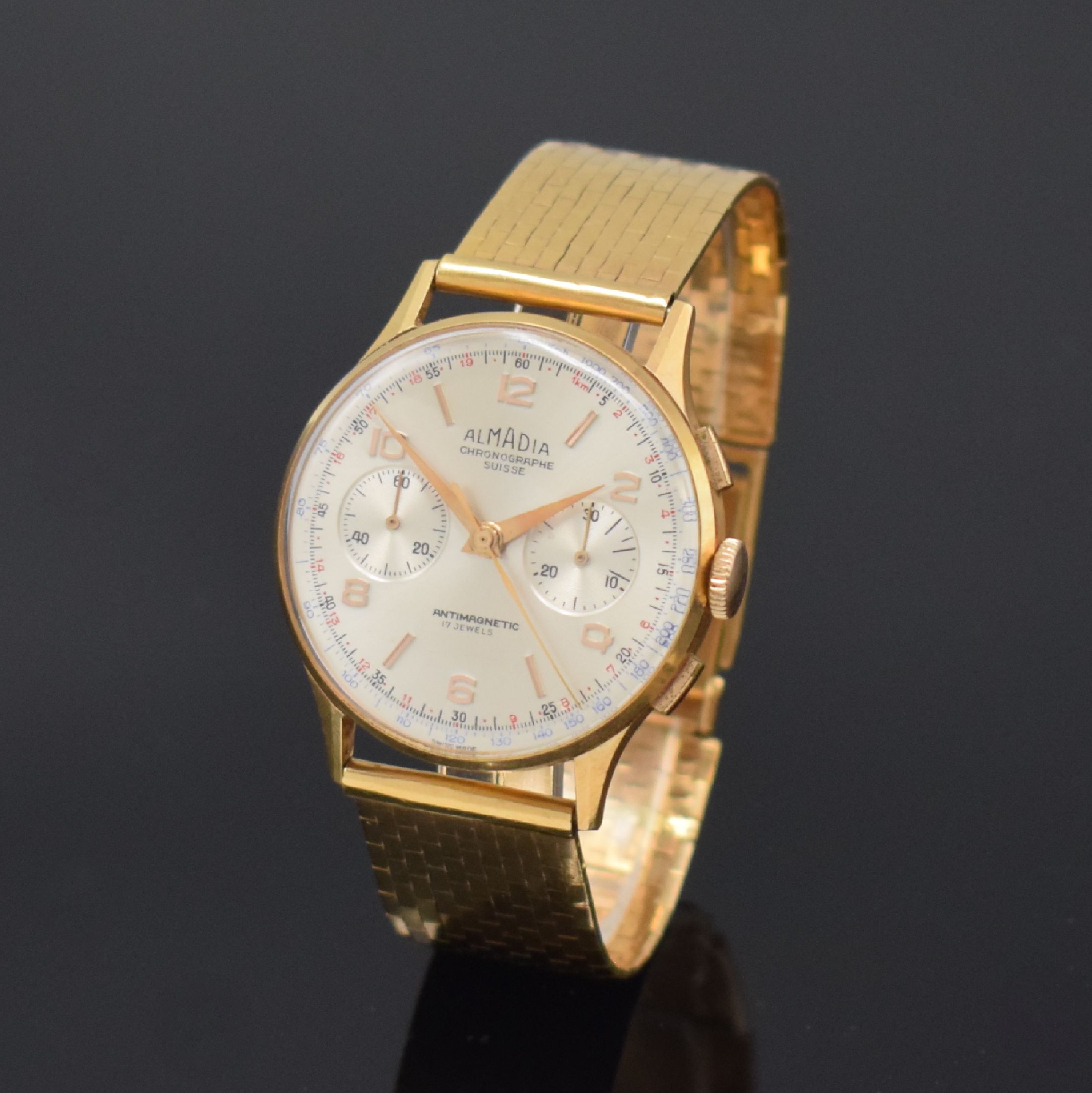 ALMADIA / CHRONOGRAPHE SUISSE Armbandchronograph in RG 750/000, Schweiz um 1960, Handaufzug, neutr. RG 750/000 Band, Geh. dell., Metall Innengeh., ...
